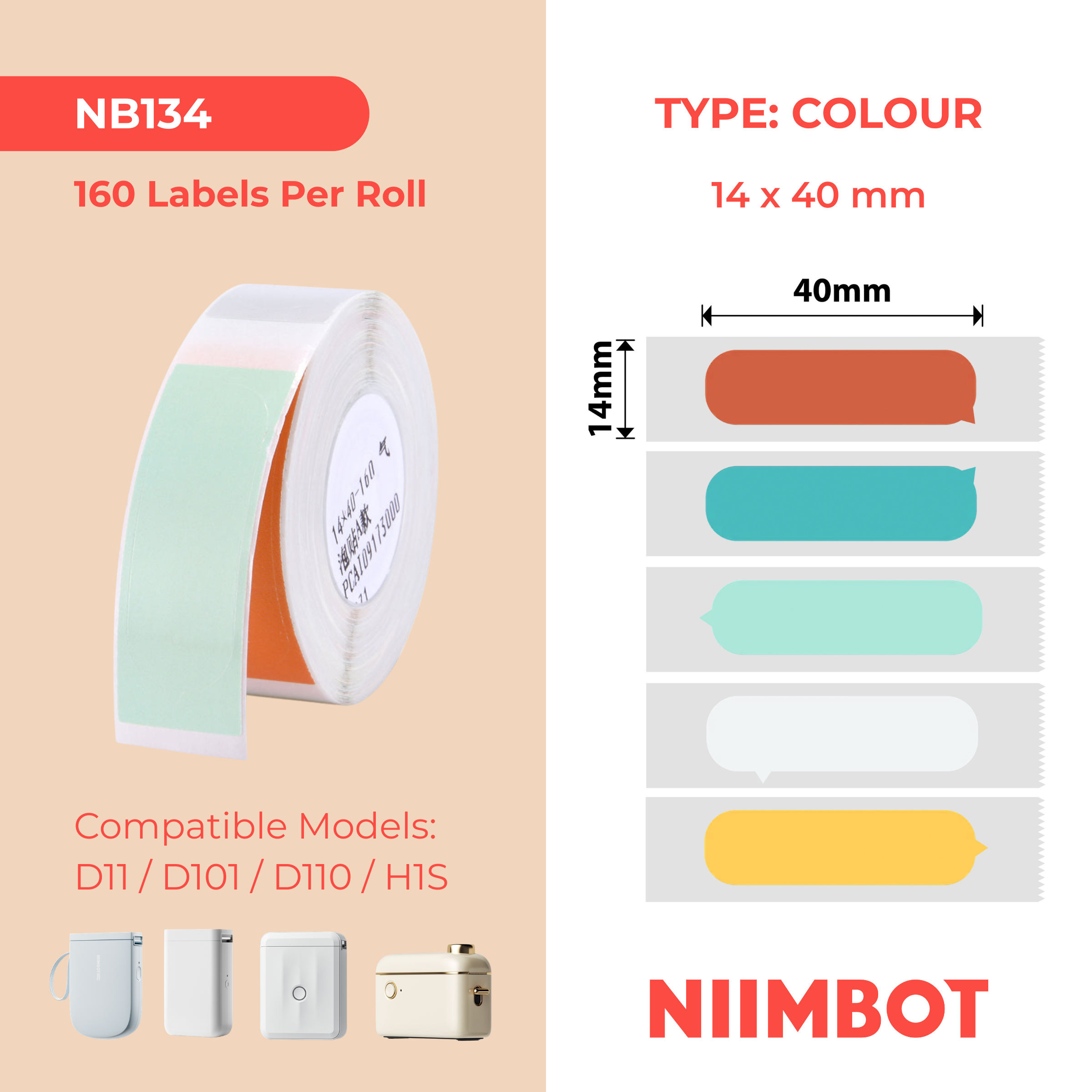 NB134 - Niimbot - D11 / D101 / D110 / H1S - 14x40mm - 155 Light Bubble Labels