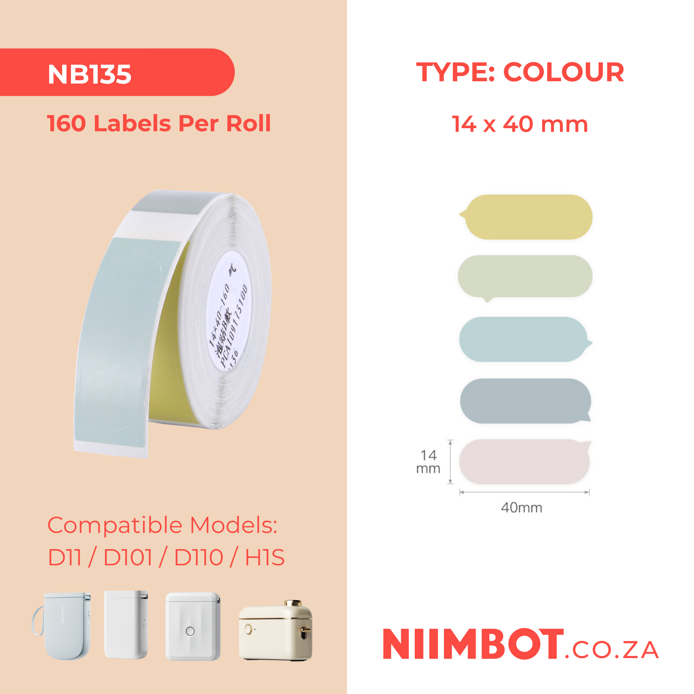 NB135 - NIIMBOT - D11 / D101 / D110 / H1S - 14X40MM - 160 LABELS PER ROLL - BUBBLE B DESIGN