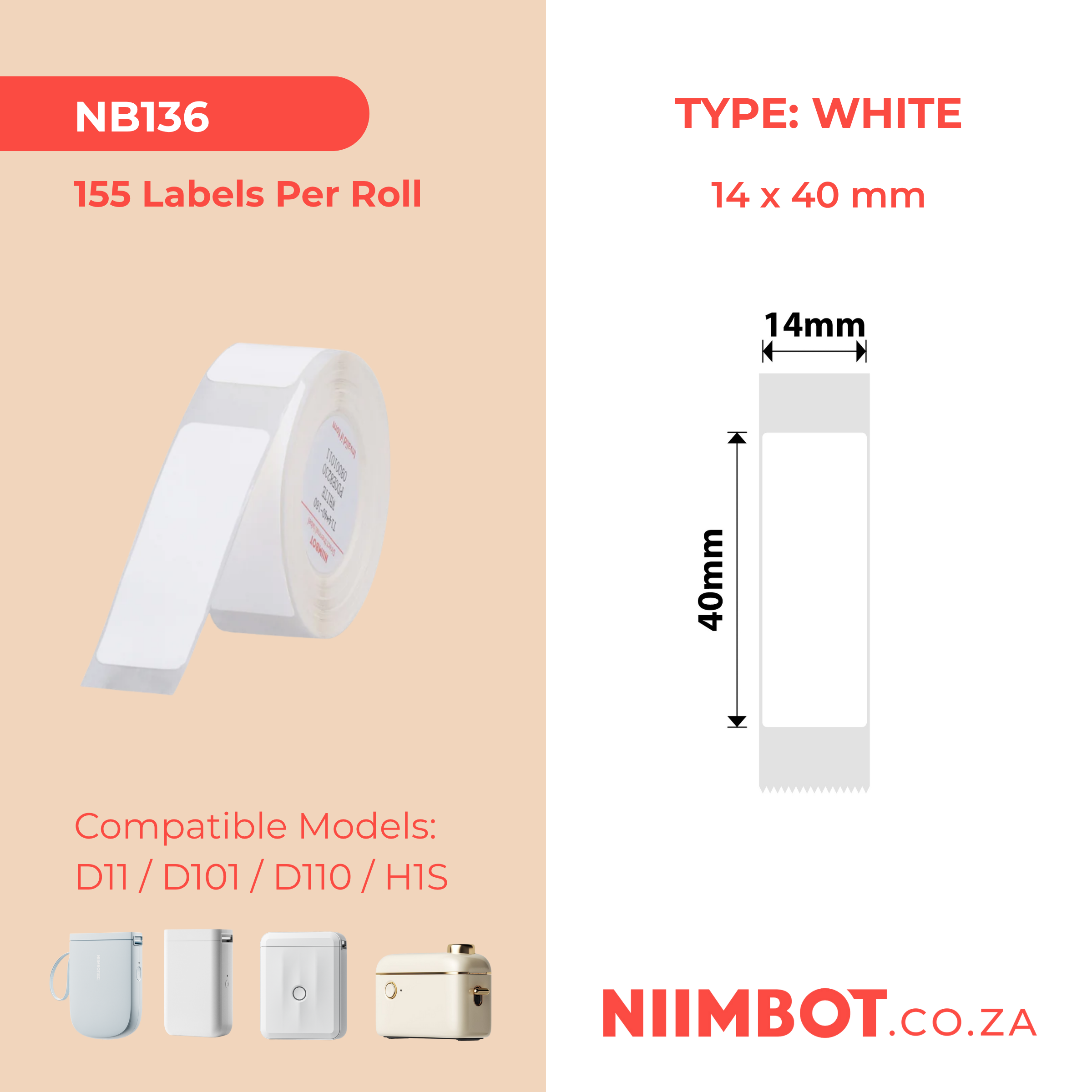 NB136 - NIIMBOT - D11 / D101 / D110 / H1S - RP14X40MM - 155 LABELS PER ROLL - WHITE