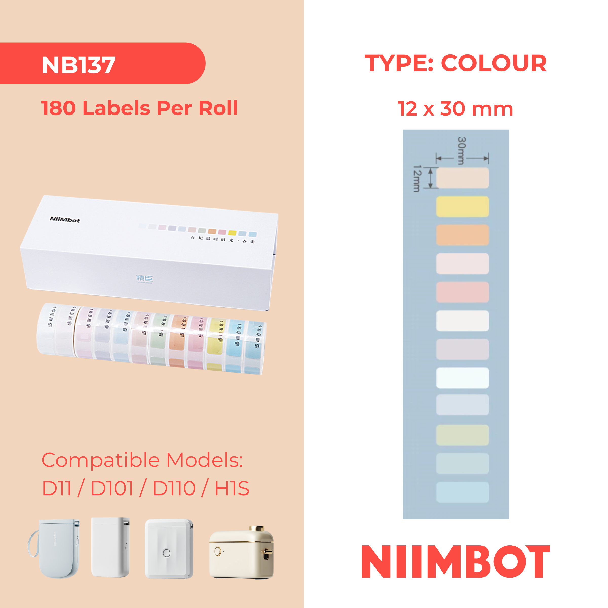 NB137 - Niimbot - D11 / D101 / D110 / H1S - 12x30mm - 180 Spring Edition Labels - 12 Rolls