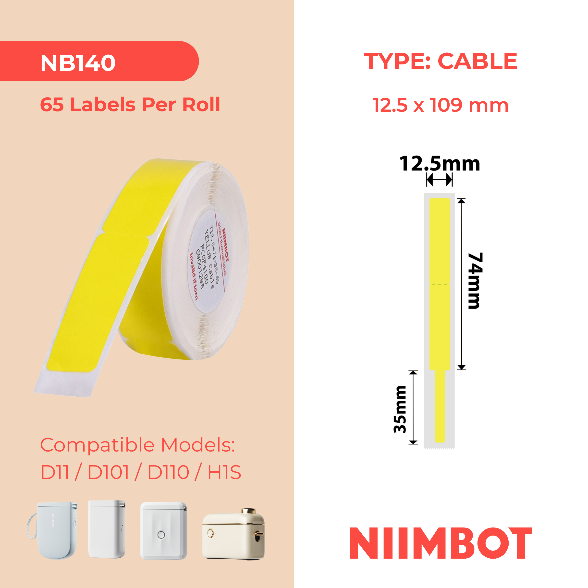 NB140 - Niimbot - D11 / D101 / D110 / H1S - 12.5x109mm - 60 Yellow Cable Labels