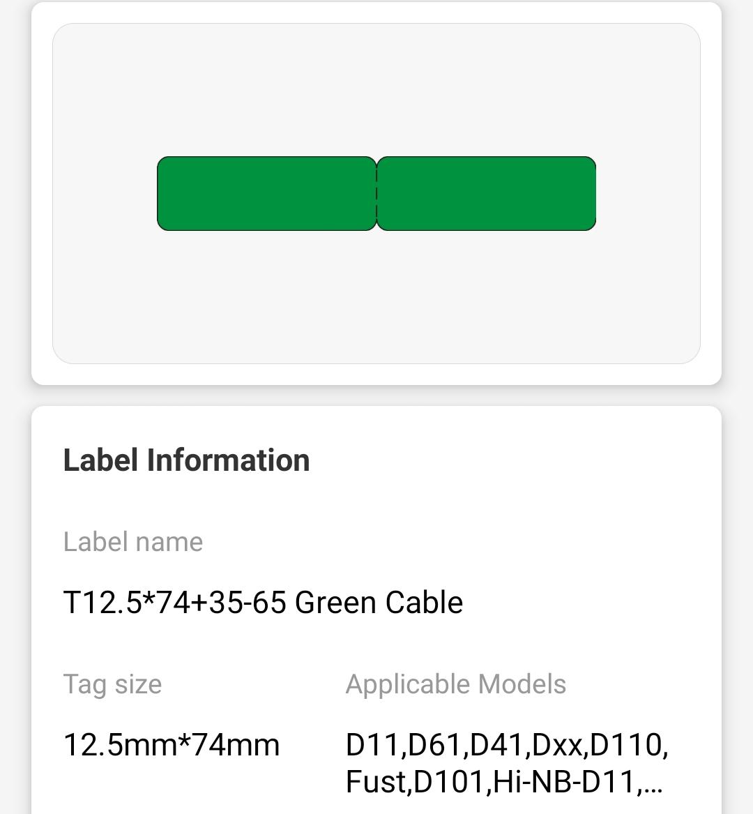 NB142 - Niimbot - D11 / D101 / D110 / H1S - 12.5x109mm - 65 Green Cable Labels