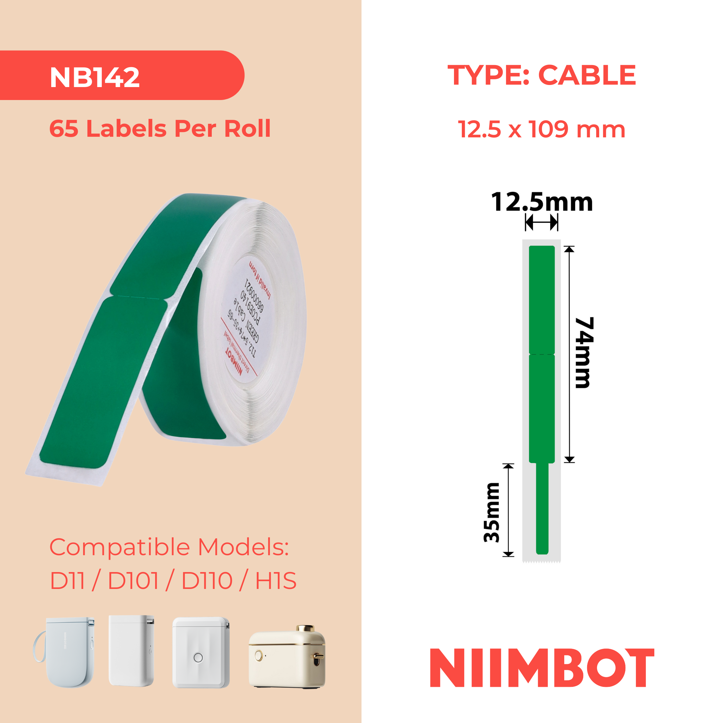 NB142 - Niimbot - D11 / D101 / D110 / H1S - 12.5x109mm - 65 Green Cable Labels