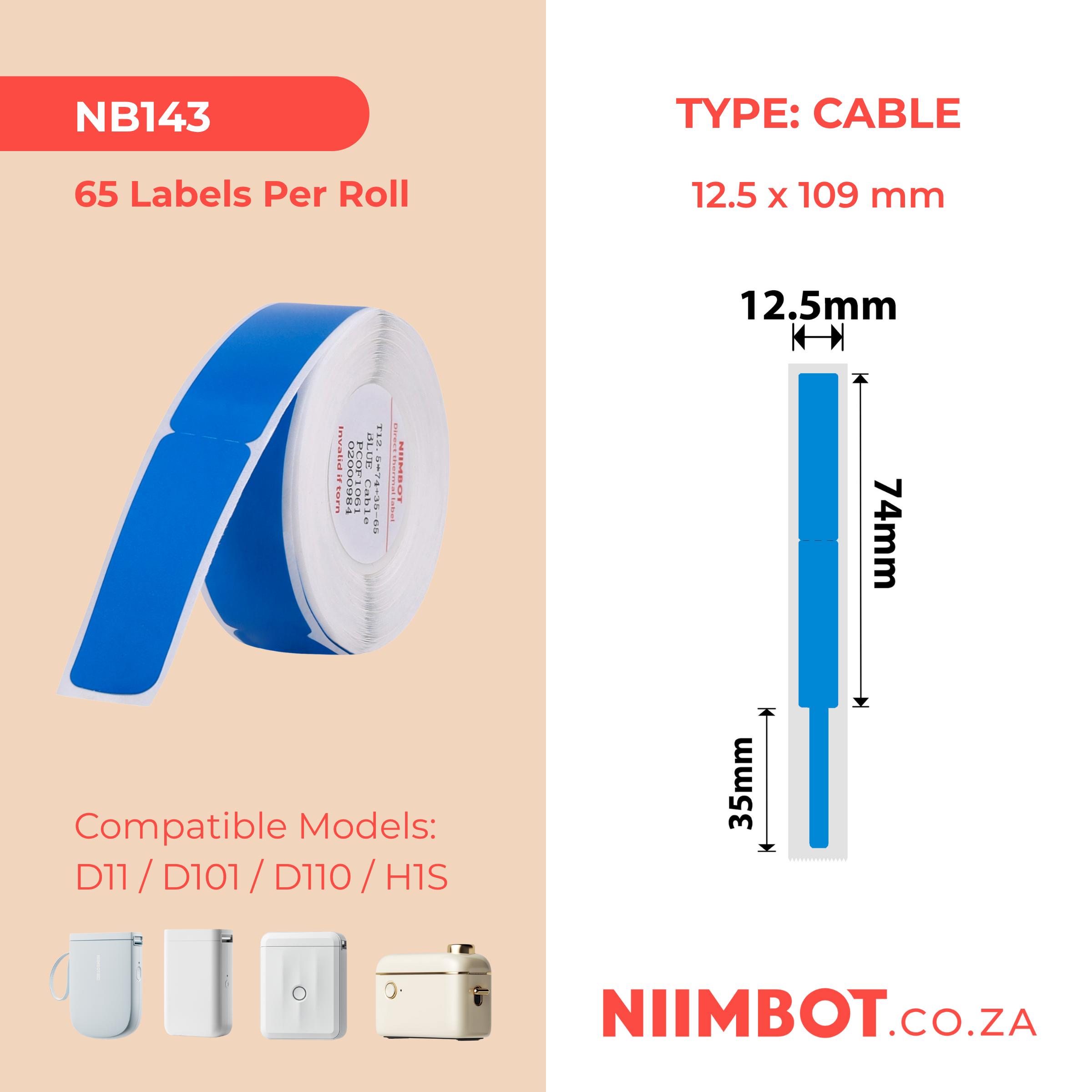 NB143 - NIIMBOT - D11 / D101 / D110 / H1S - RXL 12.5X109MM - 65 LABELS PER ROLL- BLUE CABLE