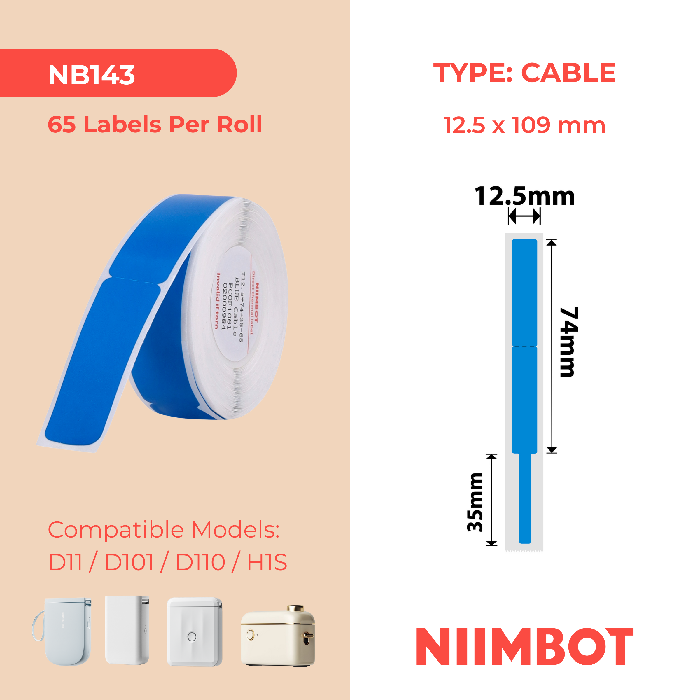 NB143 - Niimbot - D11 / D101 / D110 / H1S - 12.5x109mm - 60 Blue Cable Labels