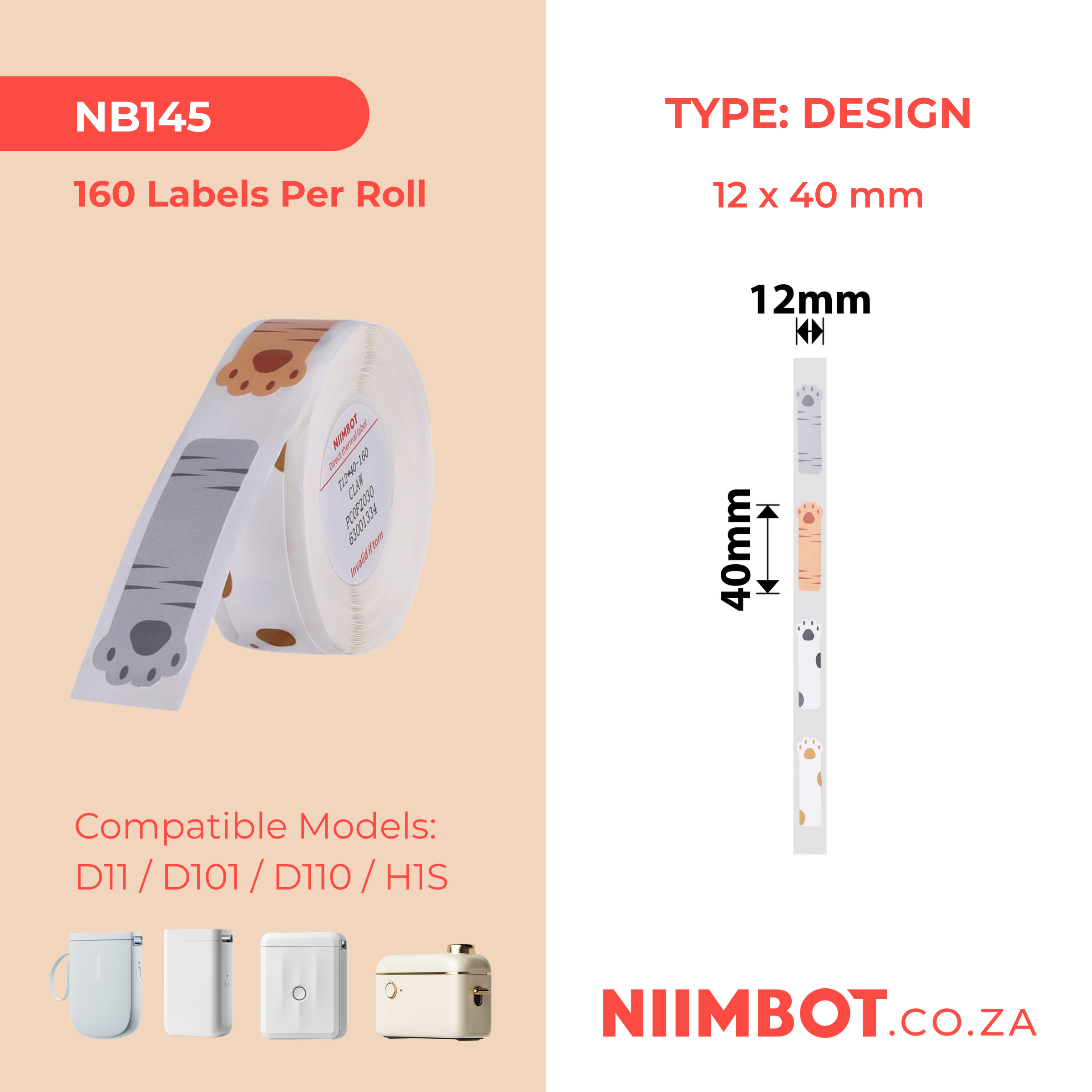 NB145 - NIIMBOT - D11 / D101 / D110 / H1S - RP12X40MM - 160 LABELS PER ROLL - CAT PAW DESIGN