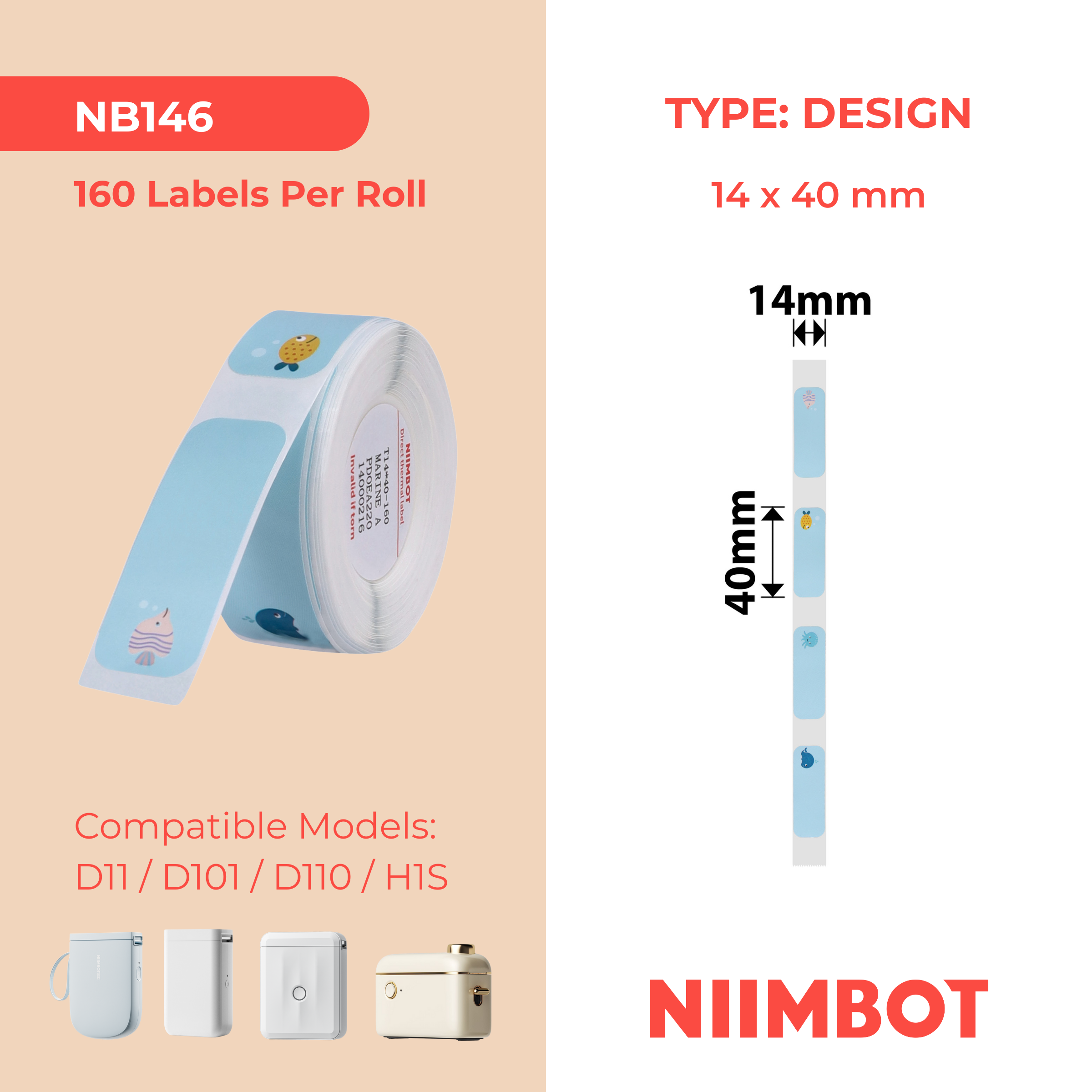 NB146 - NIIMBOT - D11 / D101 / D110 / H1S - RP14X40MM - 160 LABELS PER ROLL - MIXED SEA ANIMALS DESIGN