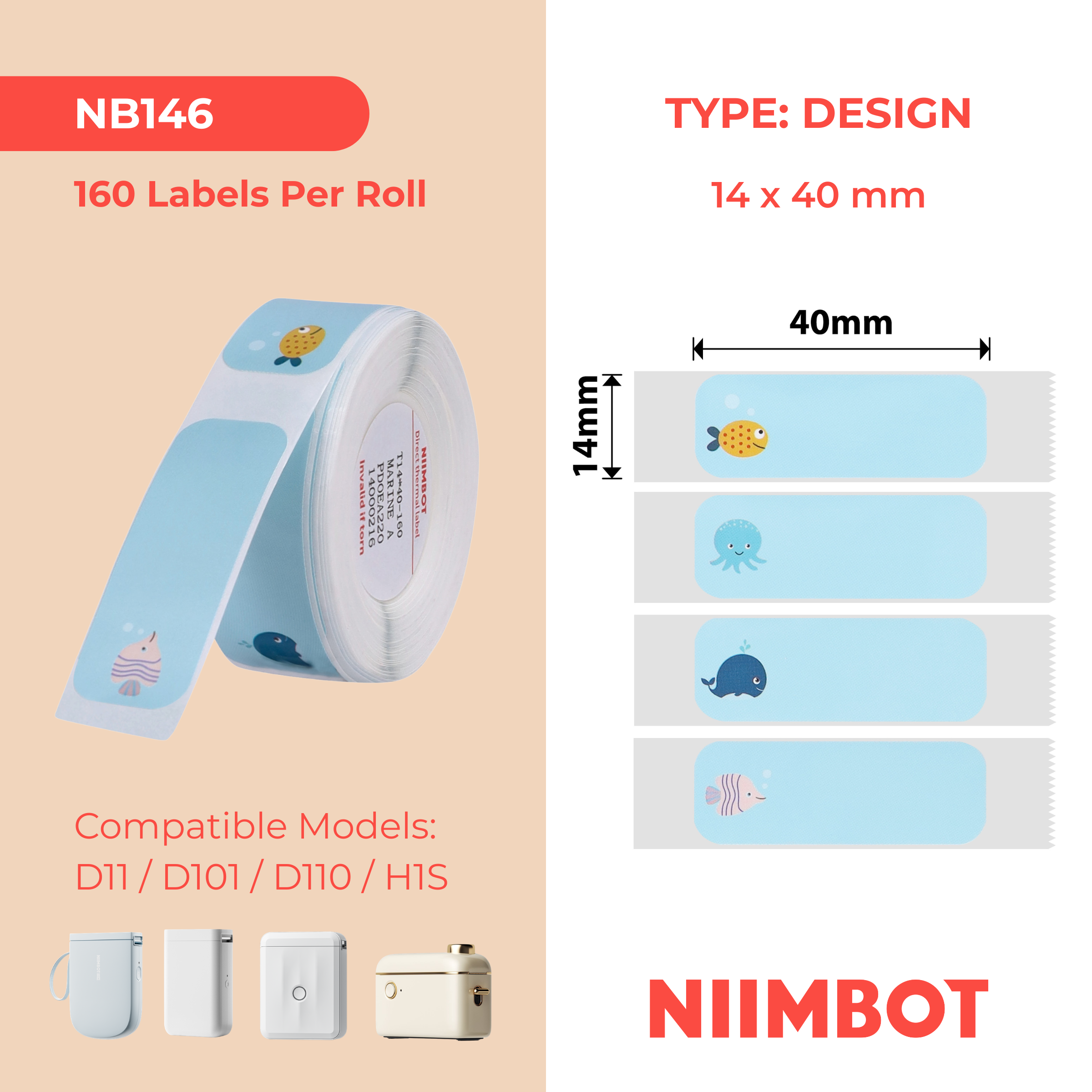 NB146 - Niimbot - D11 / D101 / D110 / H1S - 14x40mm - 155 Marine Labels