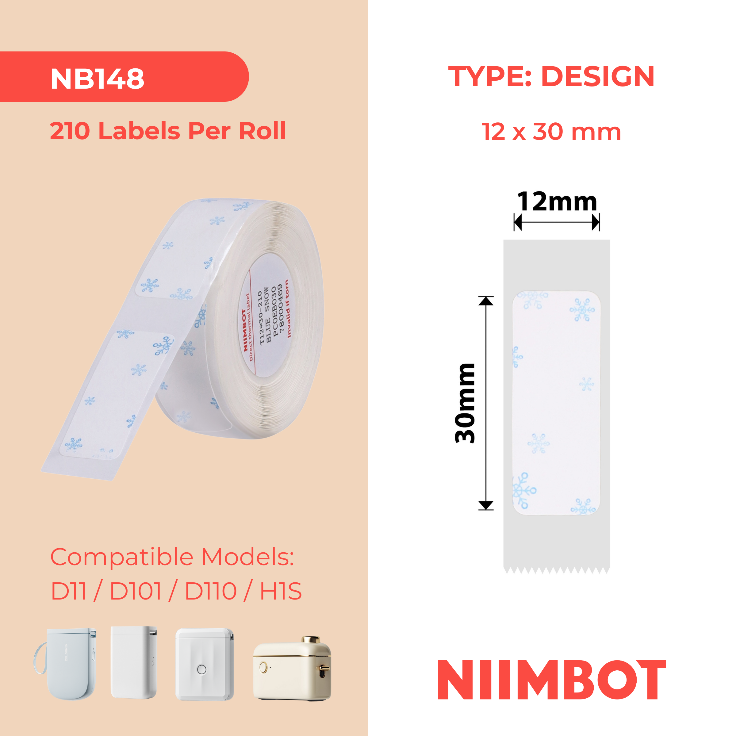NB148 - Niimbot - D11 / D101 / D110 / H1S - 12x30mm - 210 Blue Snow Labels
