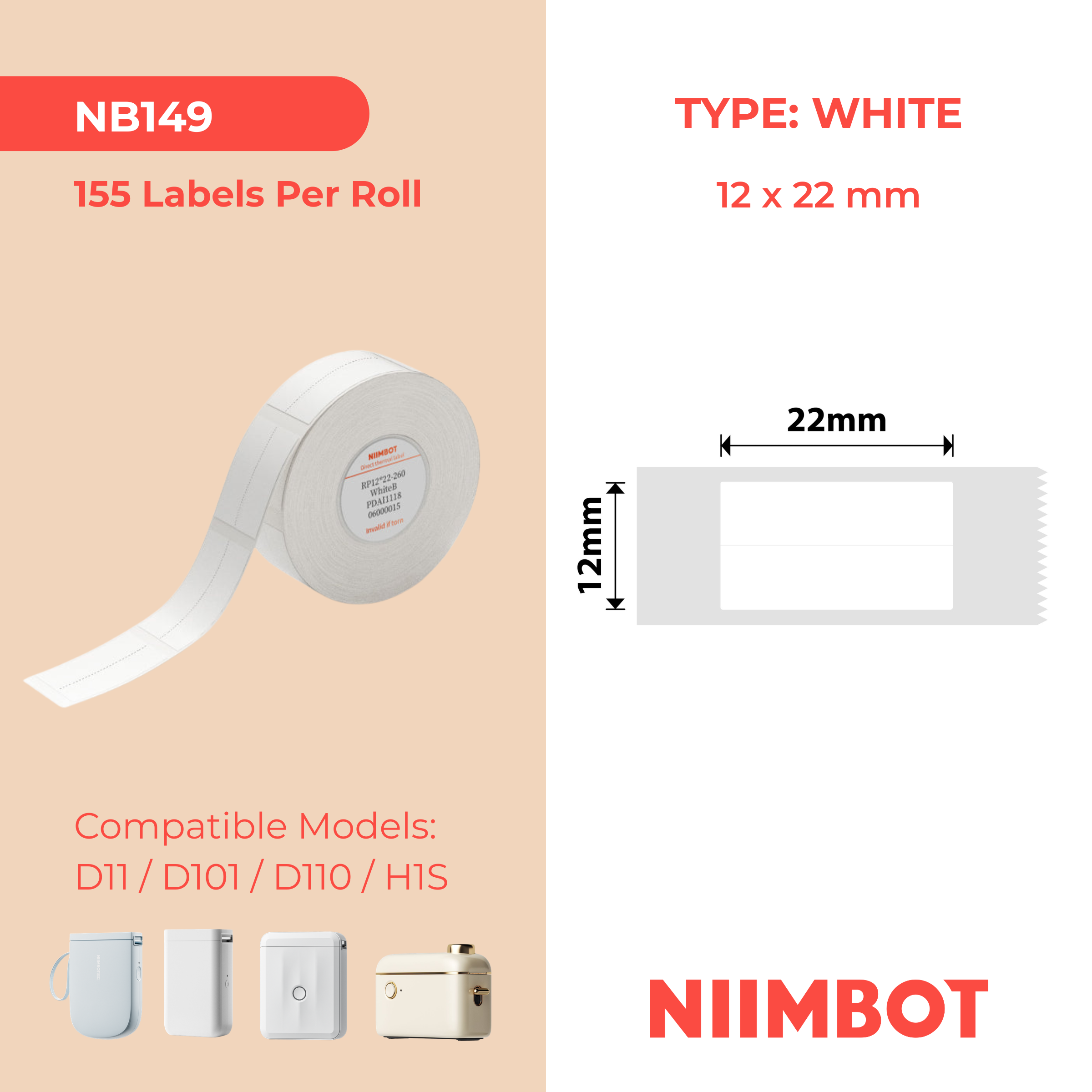 NB149 - Niimbot - D11 / D101 / D110 / H1S - 6x22mm/2L - 500 White Labels
