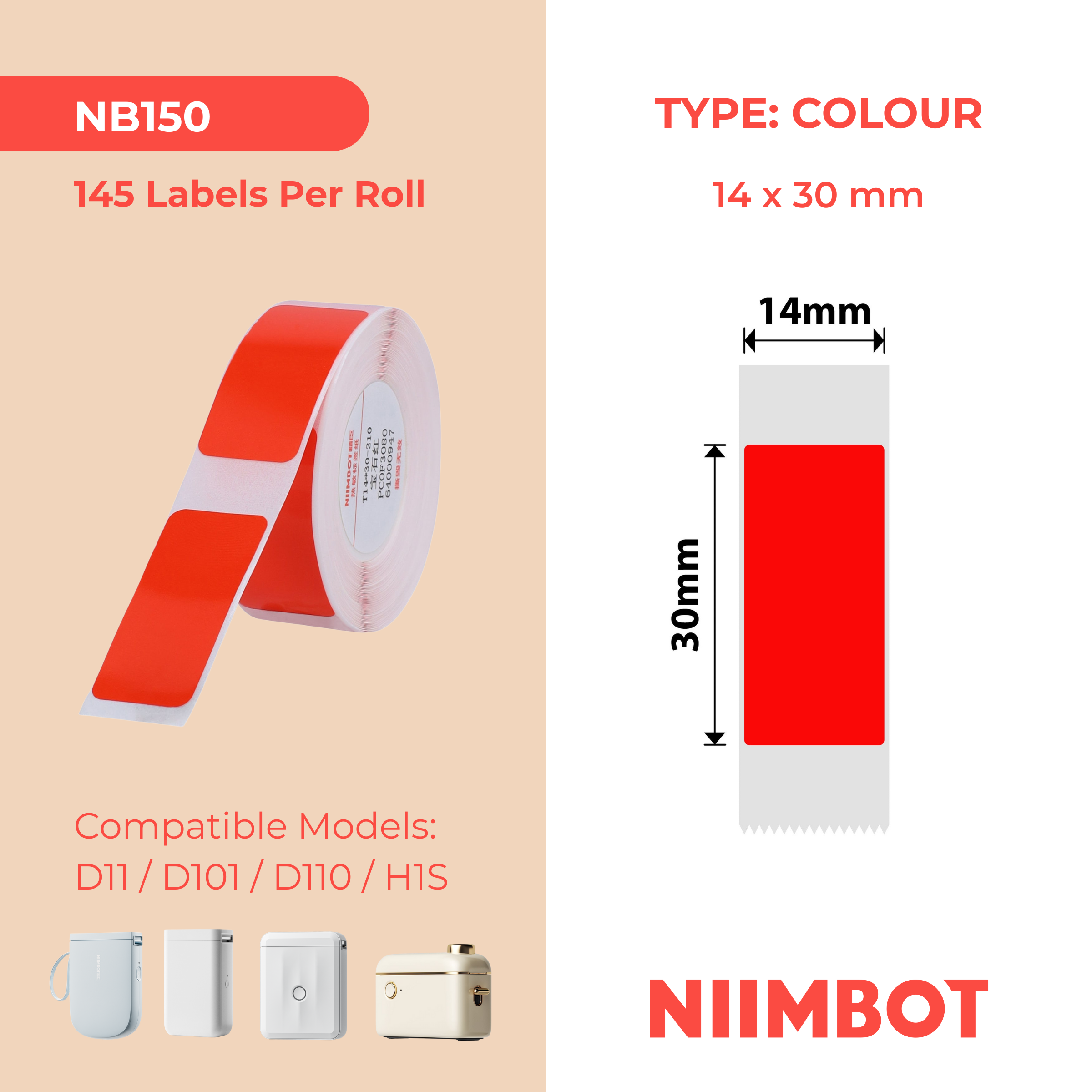 NB150 - Niimbot - D11 / D101 / D110 / H1S - 14x30mm - 195 Ruby Red Labels