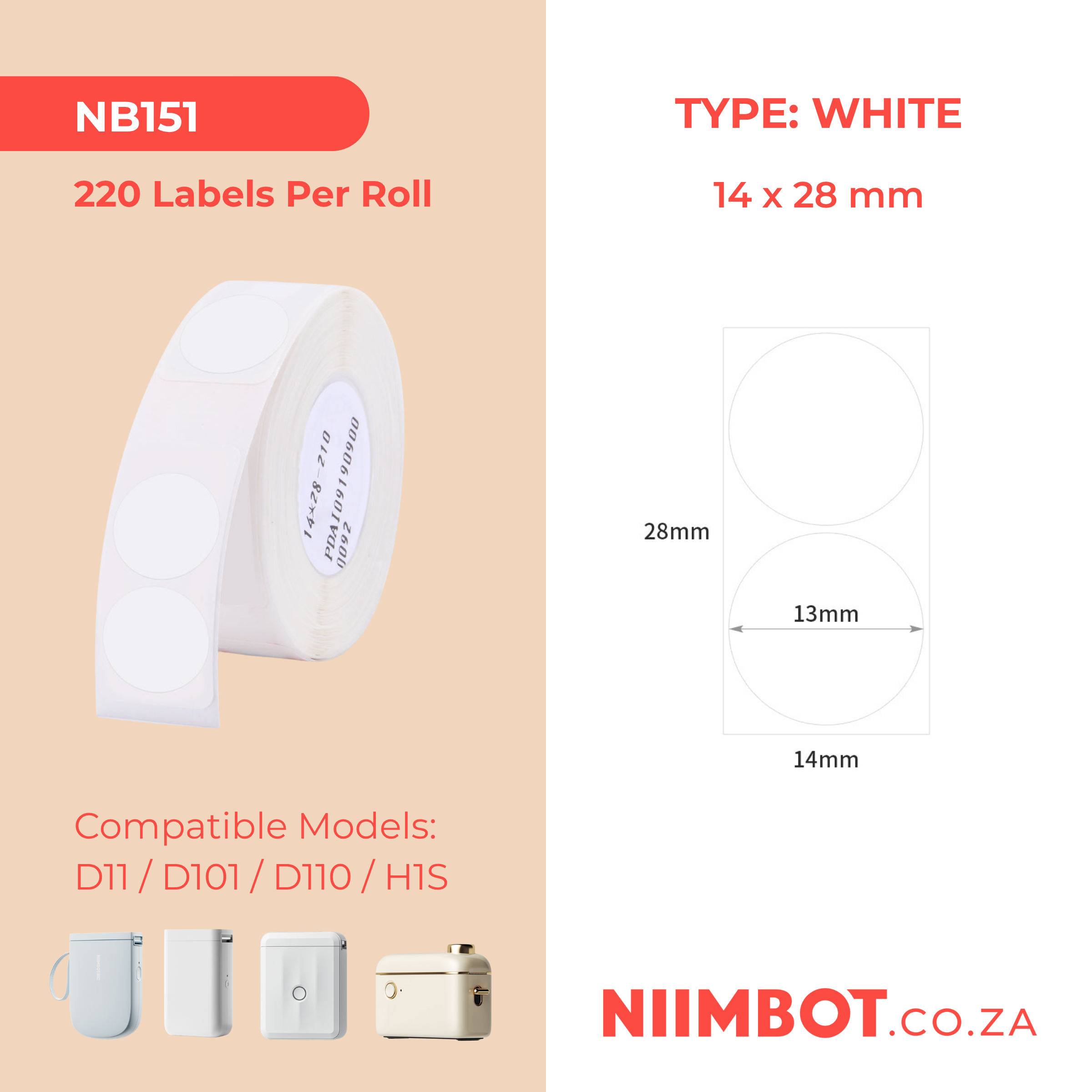 NB151 - NIIMBOT - D11 / D101 / D110 / H1S - 14X28MM - 220 LABELS PER ROLL - TWIN ROUND - WHITE