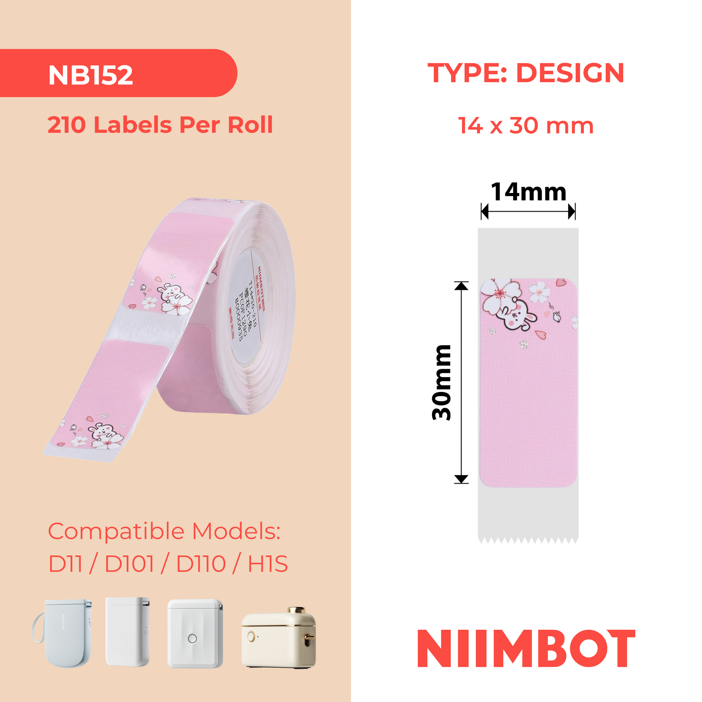 NB152 - Niimbot - D11 / D101 / D110 / H1S - 14x30mm - 210 Labels - Pink Rabbit