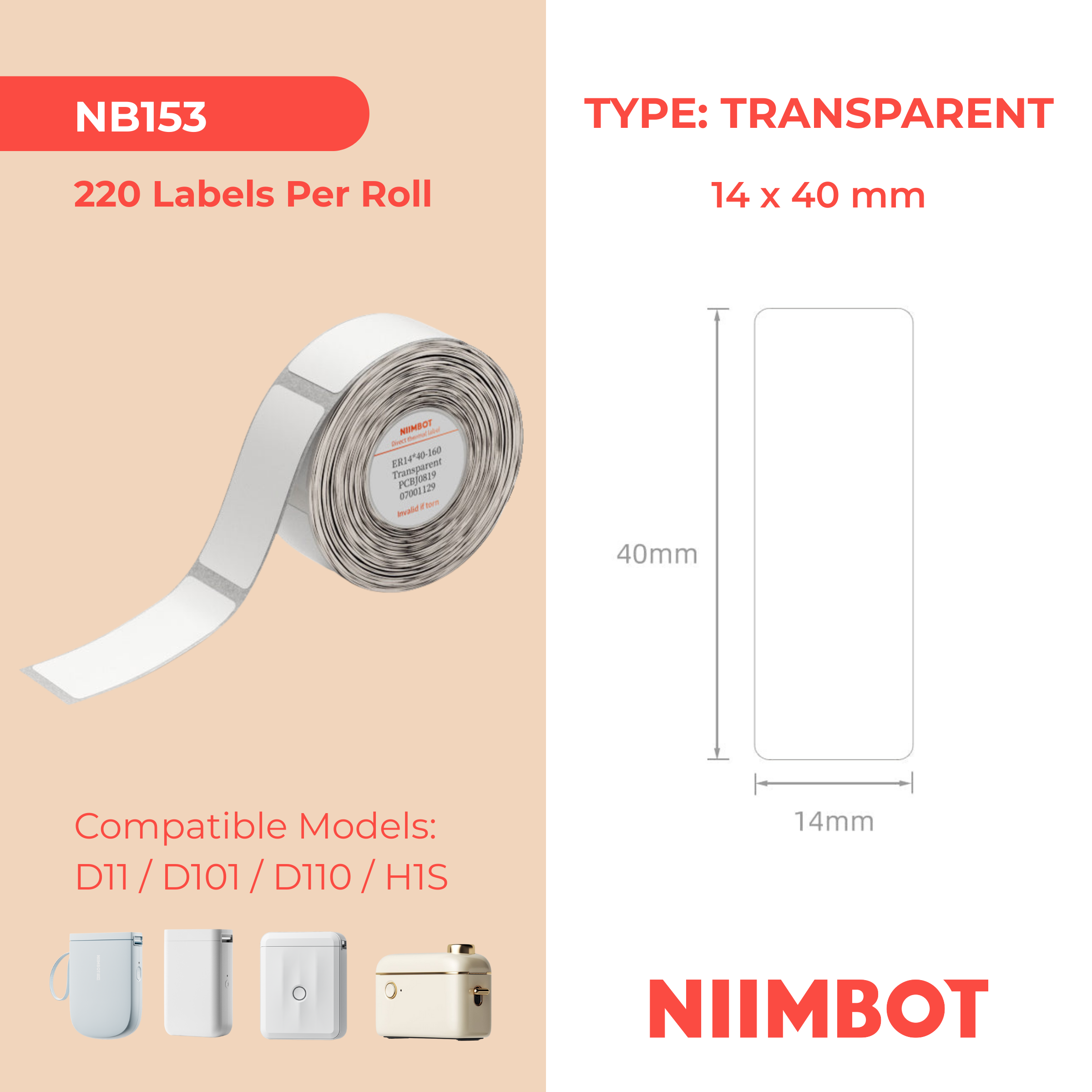 NB153 - NIIMBOT - D11 / D101 / D110 / H1S - 14X40MM - 160 LABELS PER ROLL - TRANSPARENT