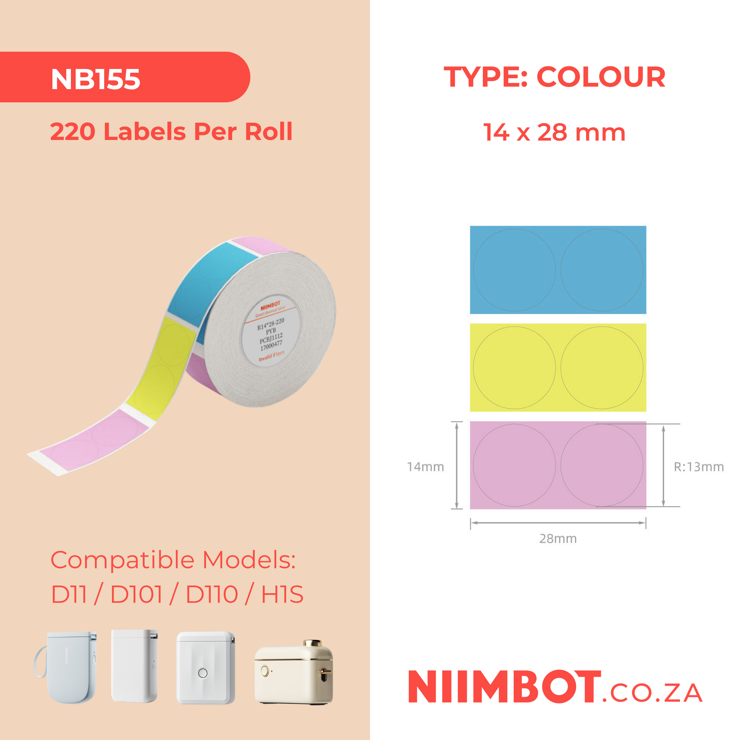NB155 - NIIMBOT - D11 / D101 / D110 / H1S - 14X28MM - 220 LABELS PER ROLL - SOLD PYB (MULTI- COLOUR) DESIGN