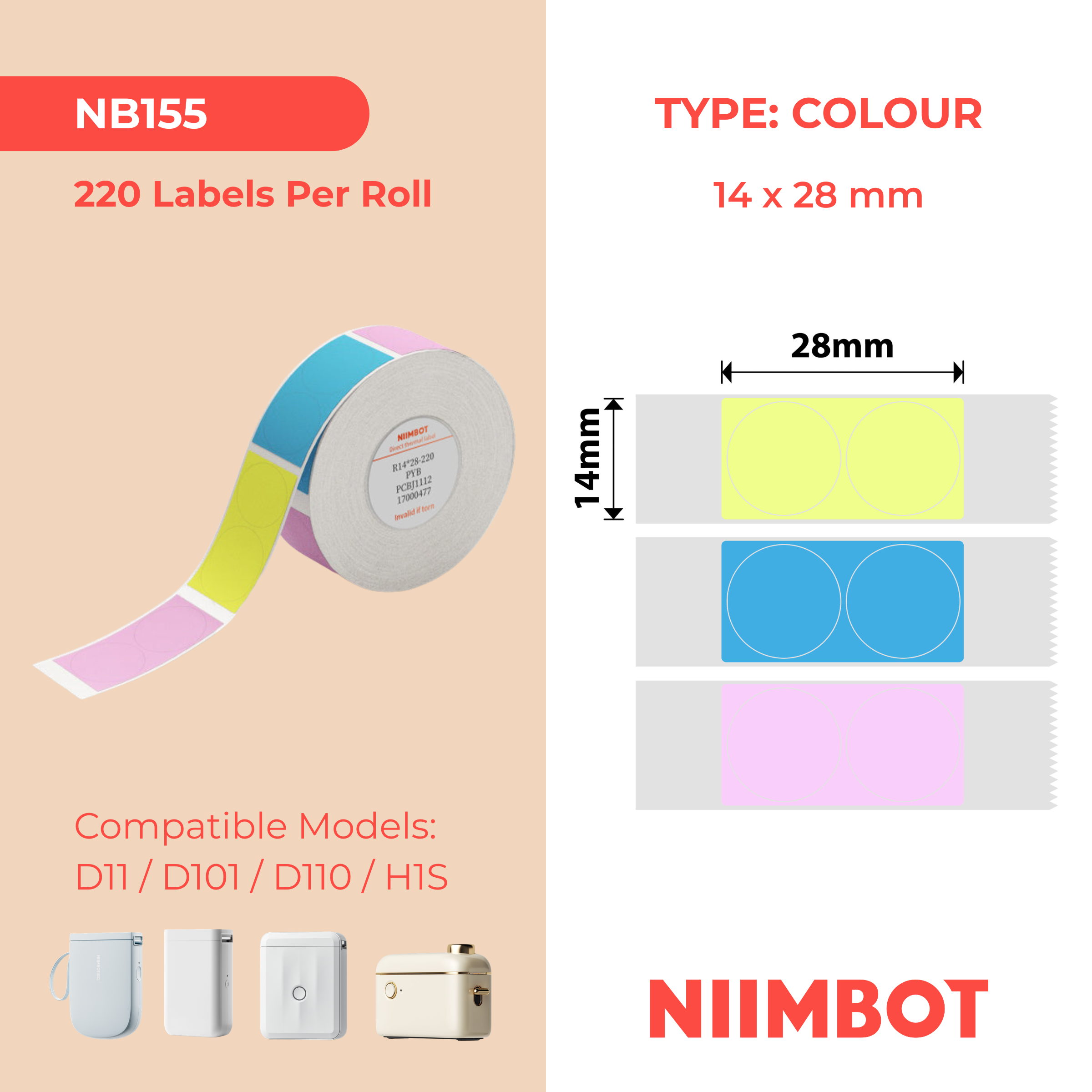 NB155 - Niimbot - D11 / D101 / D110 / H1S - 14x28mm - 205 Pink, Yellow, Blue Round Labels