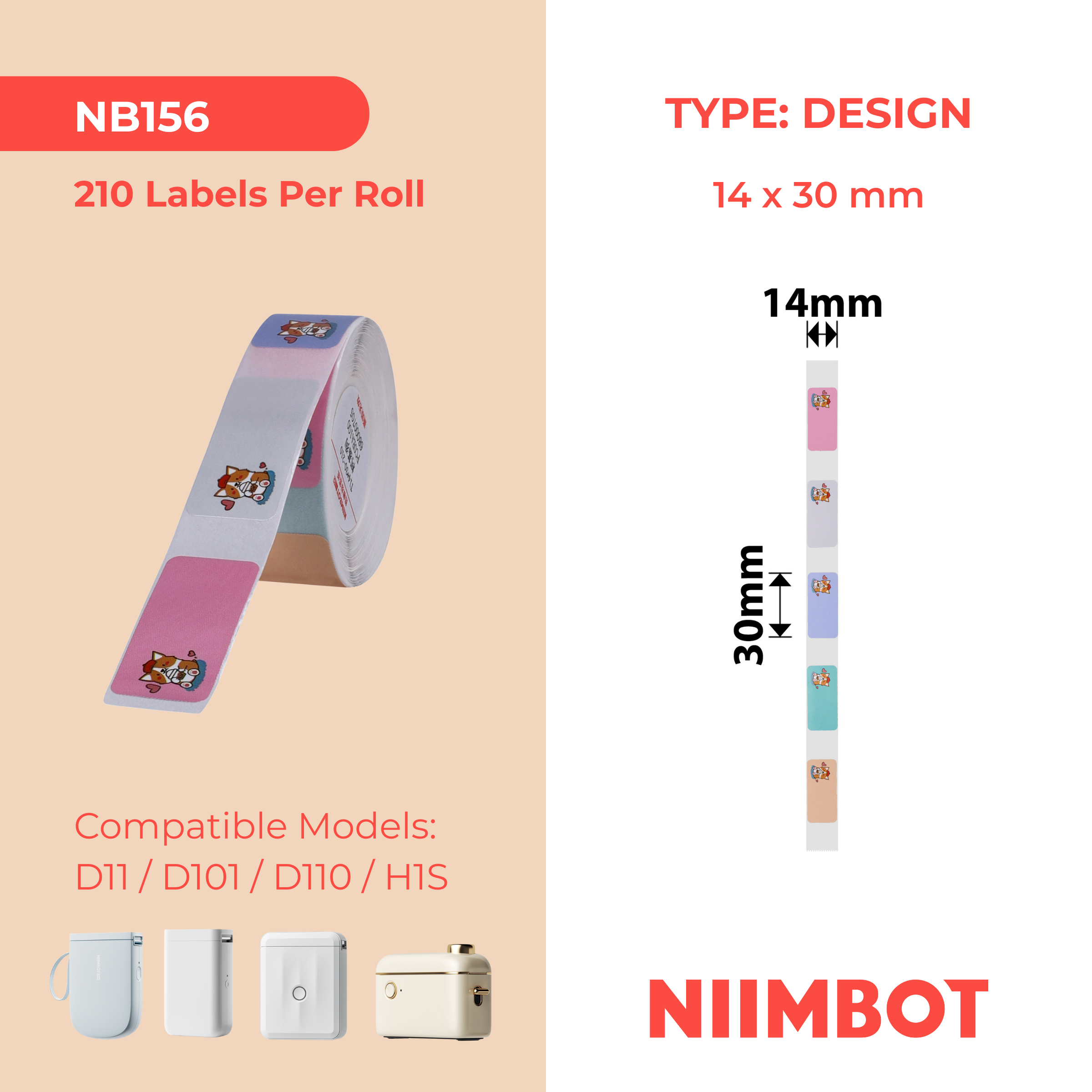 NB156 - NIIMBOT - D11 / D101 / D110 / H1S - R14X30MM - 210 LABELS PER ROLL - CUTE CORGI DESIGN