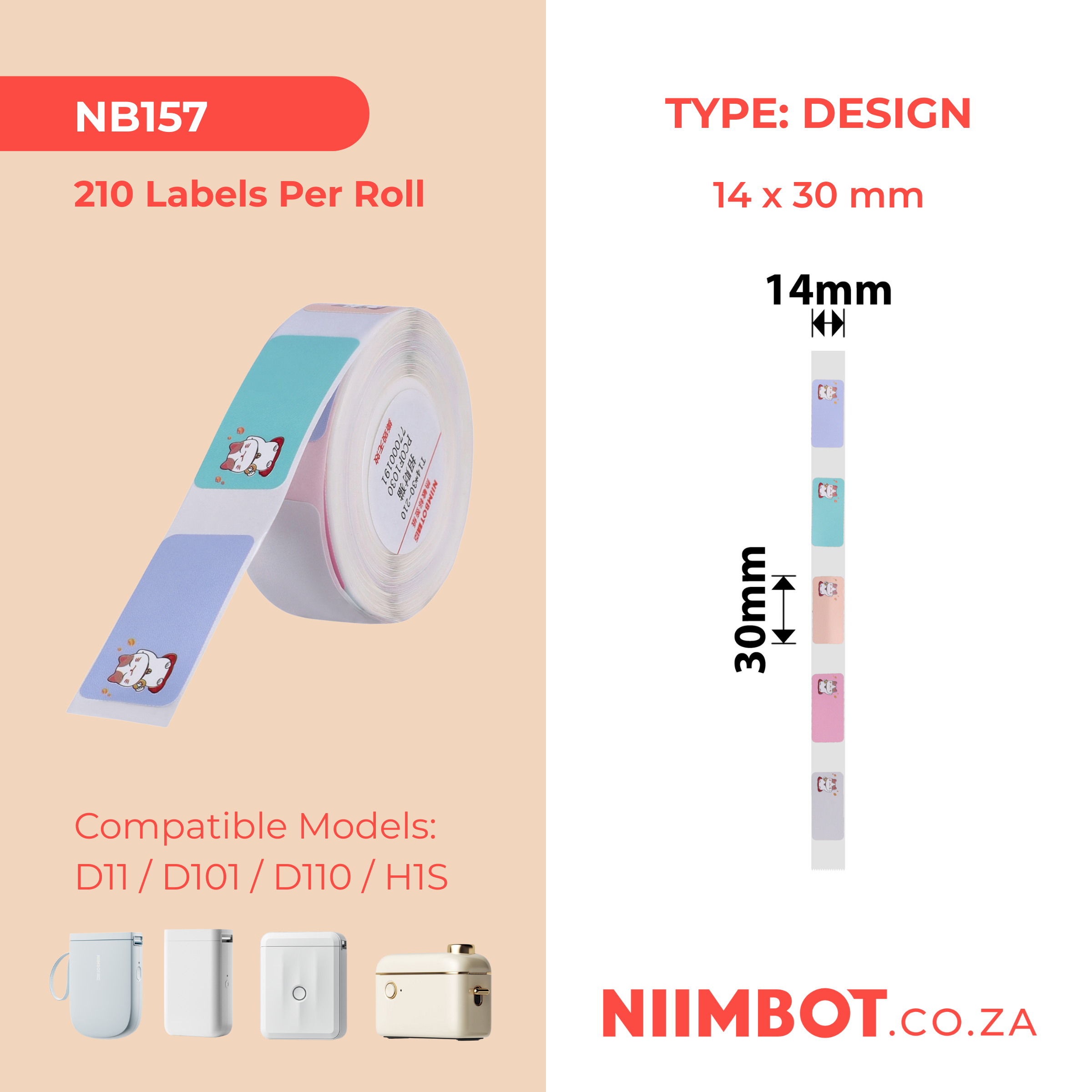 NB157 - NIIMBOT - D11 / D101 / D110 / H1S - R14X30MM - 210 LABELS PER ROLL- FORTUNE CAT DESIGN