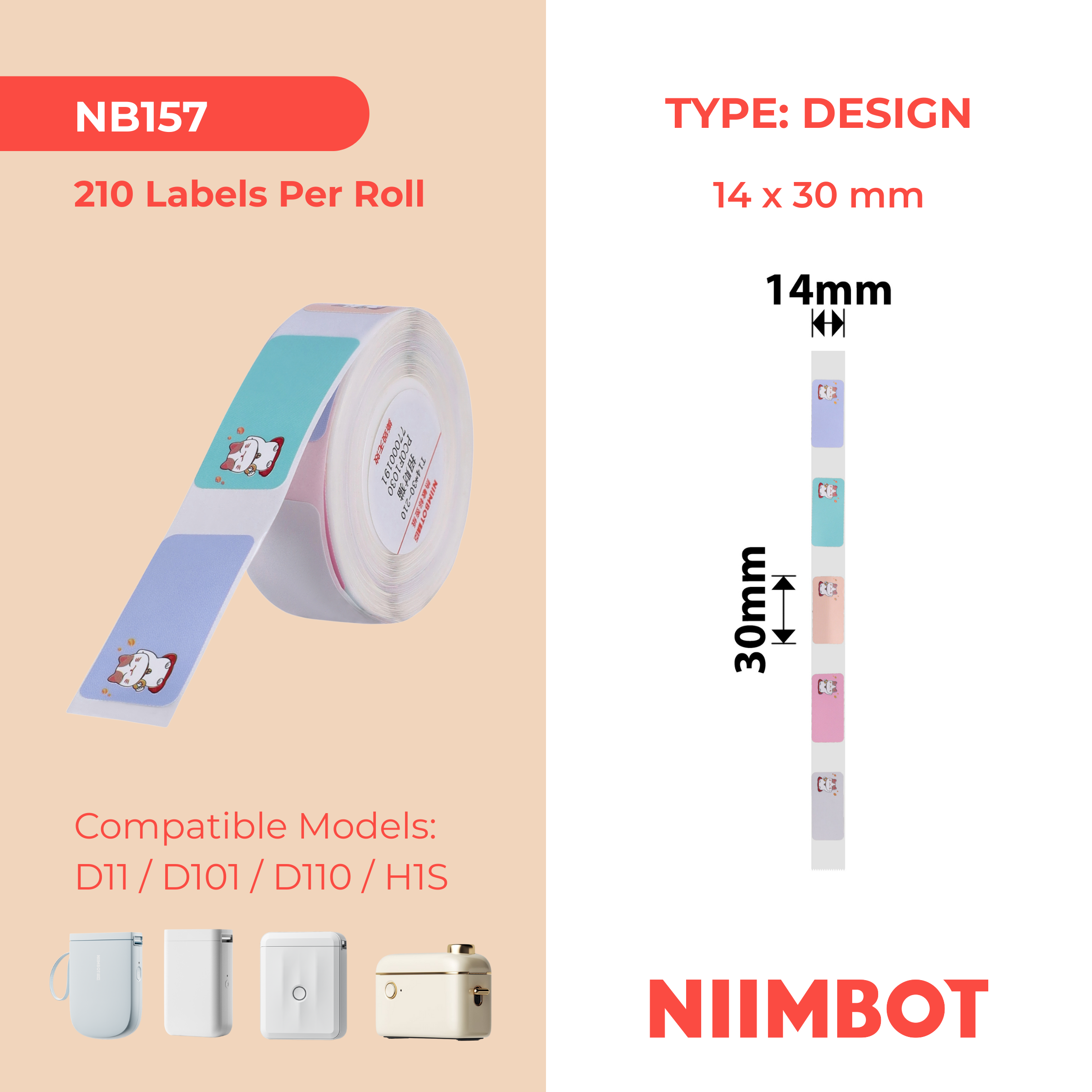 NB157 - NIIMBOT - D11 / D101 / D110 / H1S - R14X30MM - 210 LABELS PER ROLL- FORTUNE CAT DESIGN