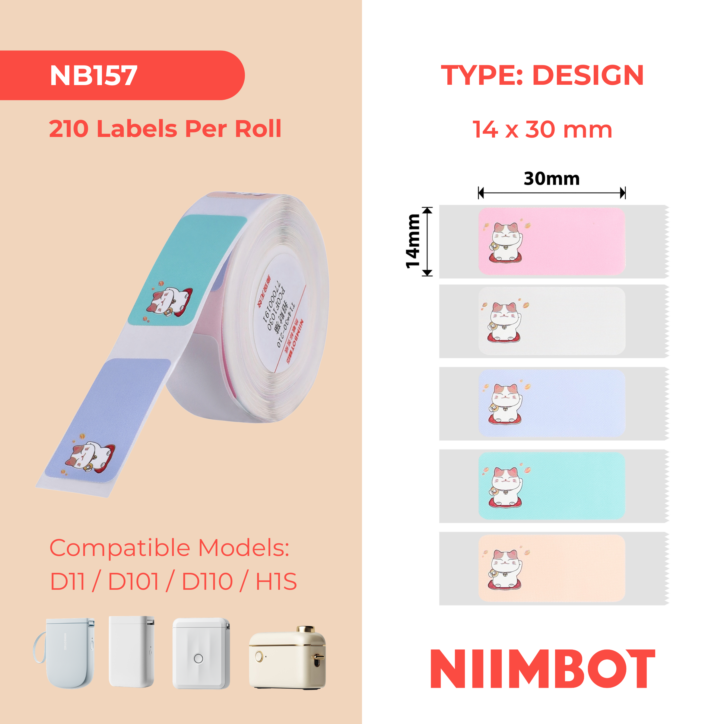 NB157 - Niimbot - D11 / D101 / D110 / H1S - 14x30mm - 195 Lucky Cat Labels