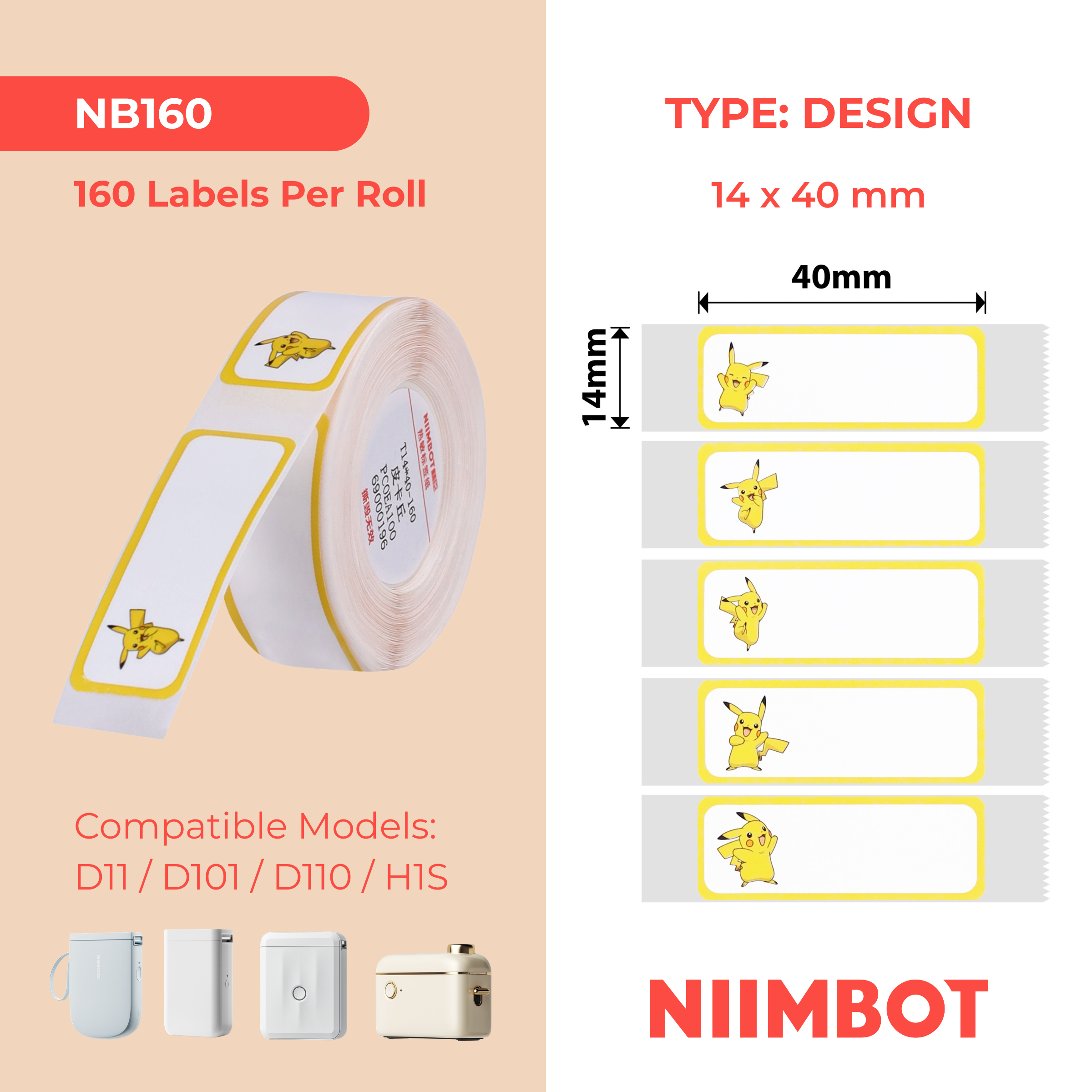 NB160 - Niimbot - D11 / D101 / D110 / H1S - 14x40mm - 160 Pikachu C Labels