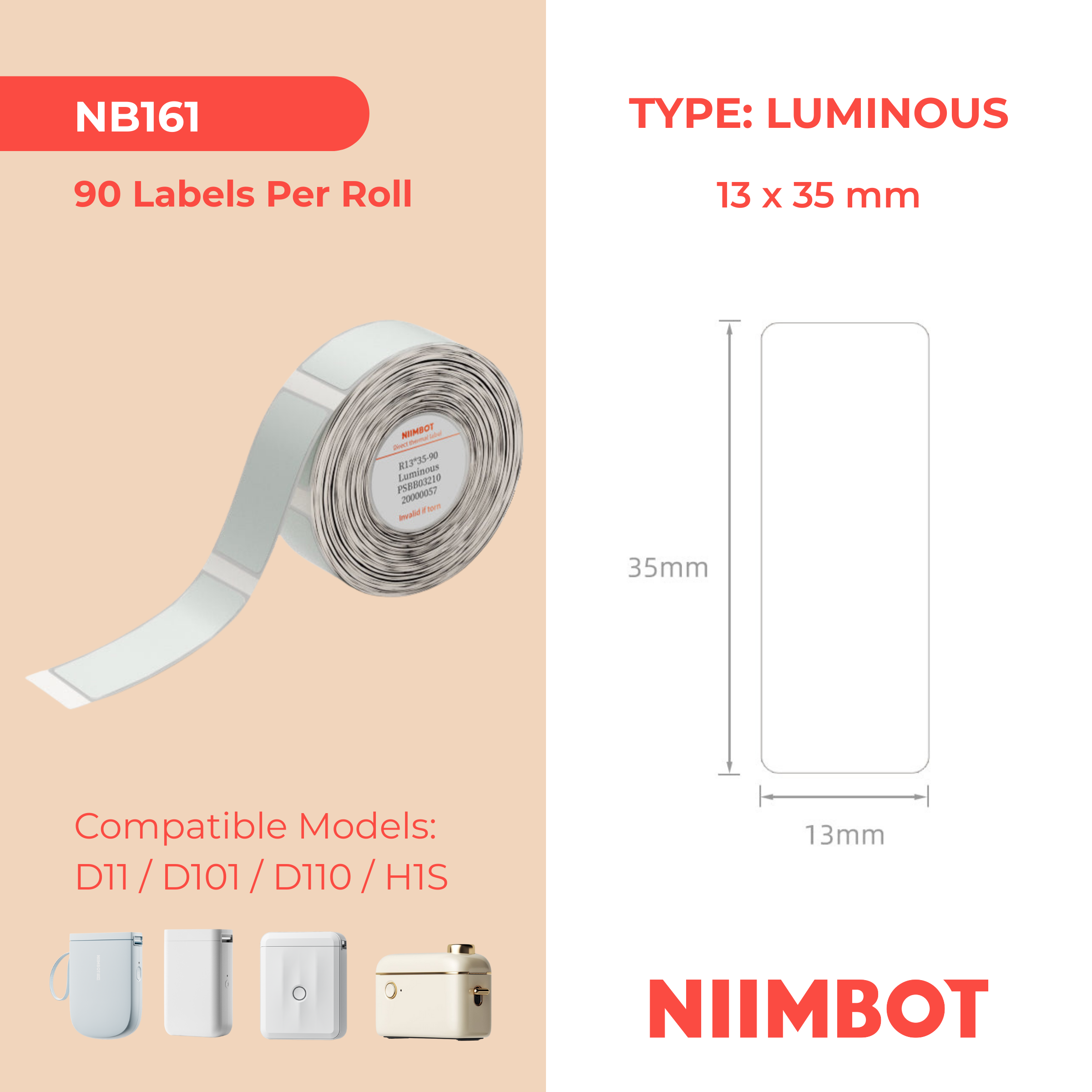 NB161 - NIIMBOT - D11 / D101 / D110 / H1S - 13X35MM - 90 THERMAL LABELS - LUMINOUS