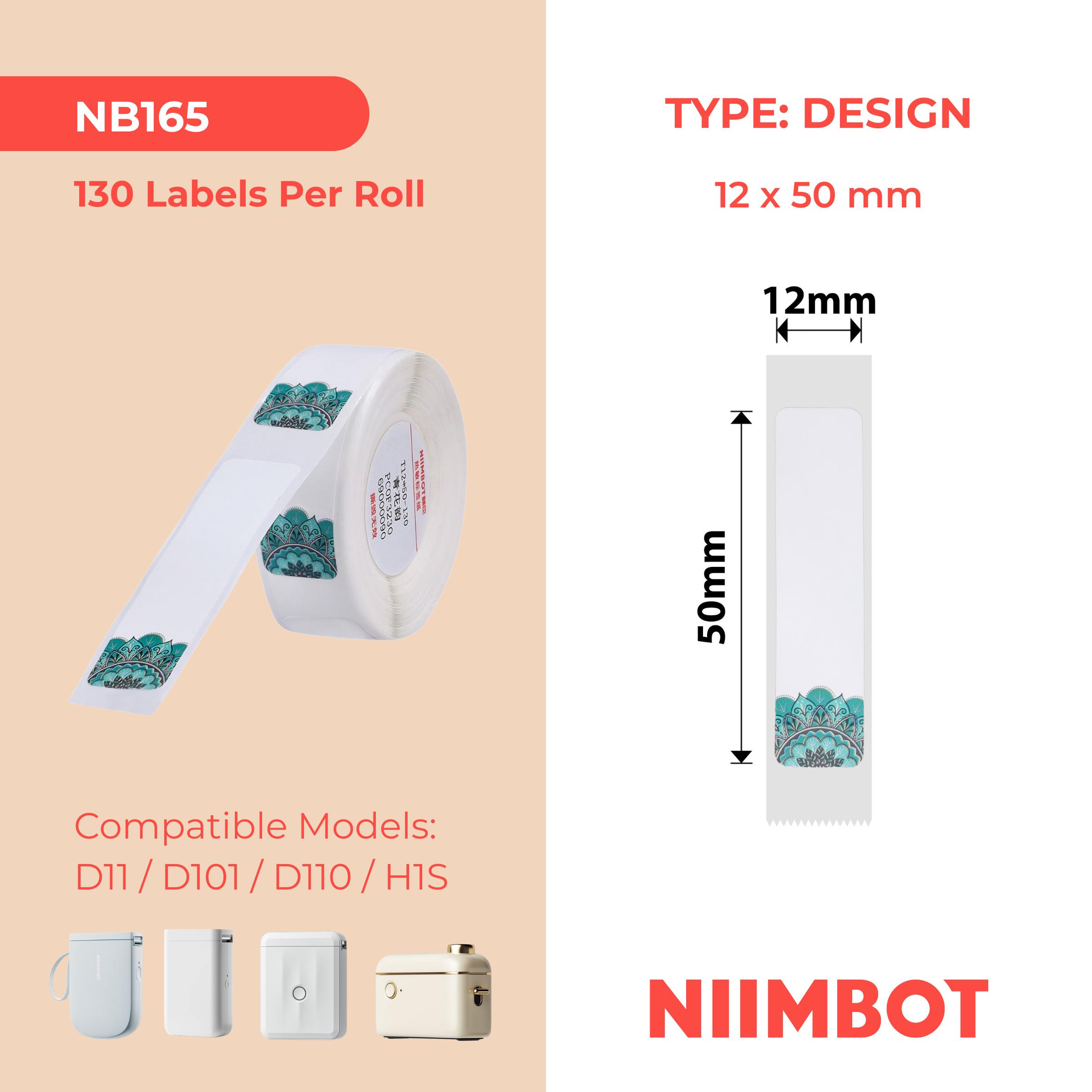 NB165 - Niimbot - D11 / D101 / D110 / H1S - 12x50mm - 125 Porcelain Labels