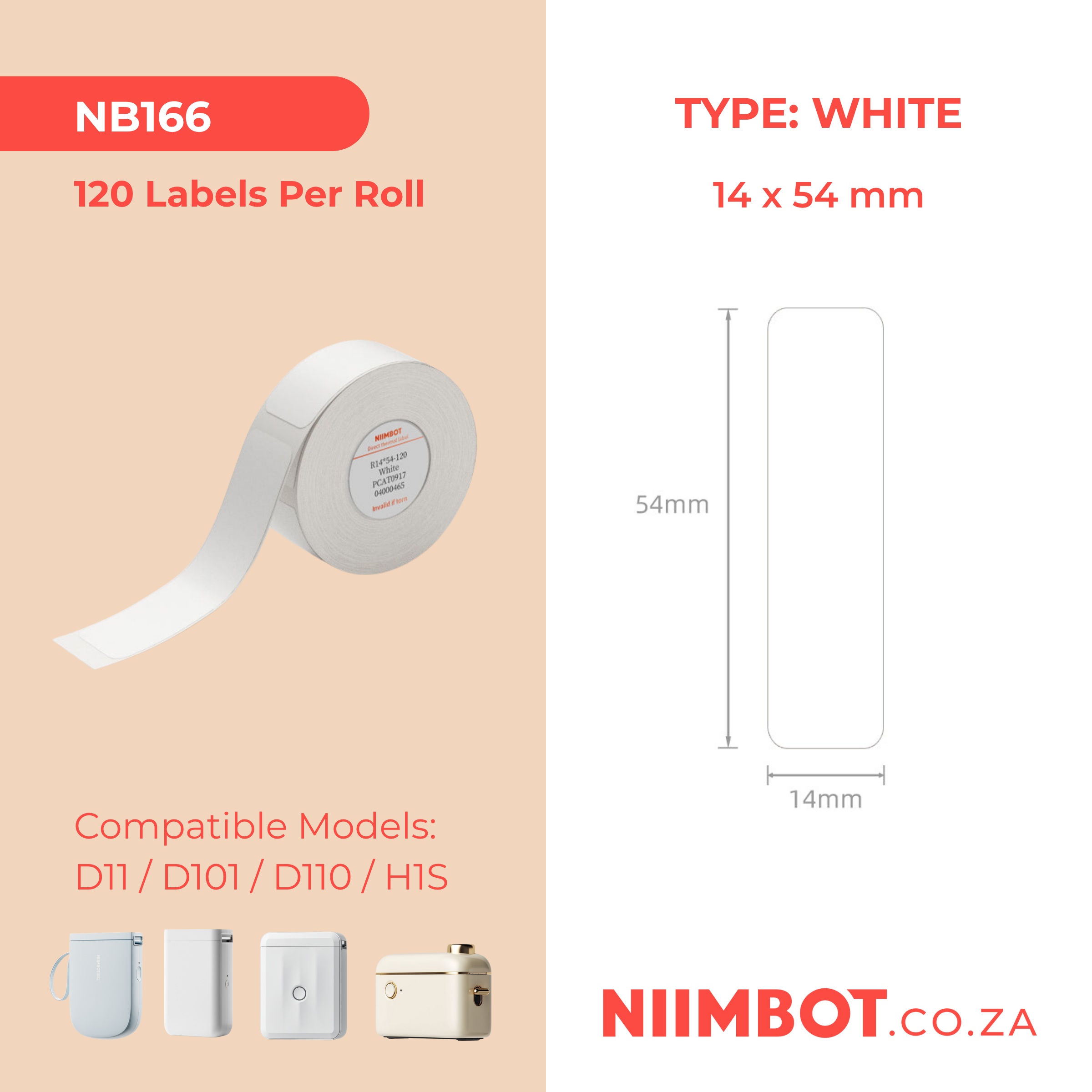 NB166 - NIIMBOT - D11 / D101 / D110 / H1S - 14X54MM - 120 LABELS PER ROLL - WHITE