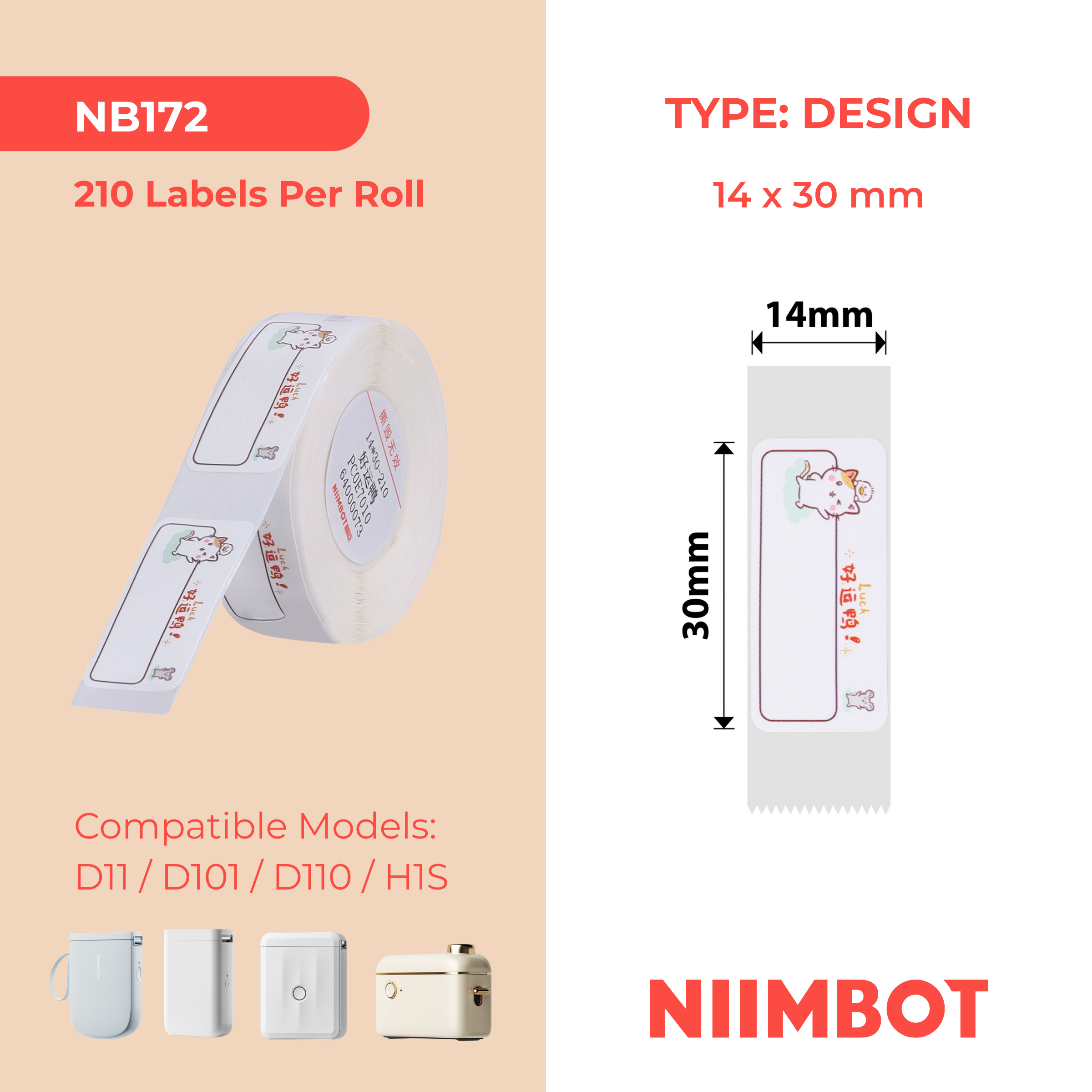 NB172 - Niimbot - D11 / D101 / D110 / H1S - 14x30mm - 210 Lucky Duck Labels
