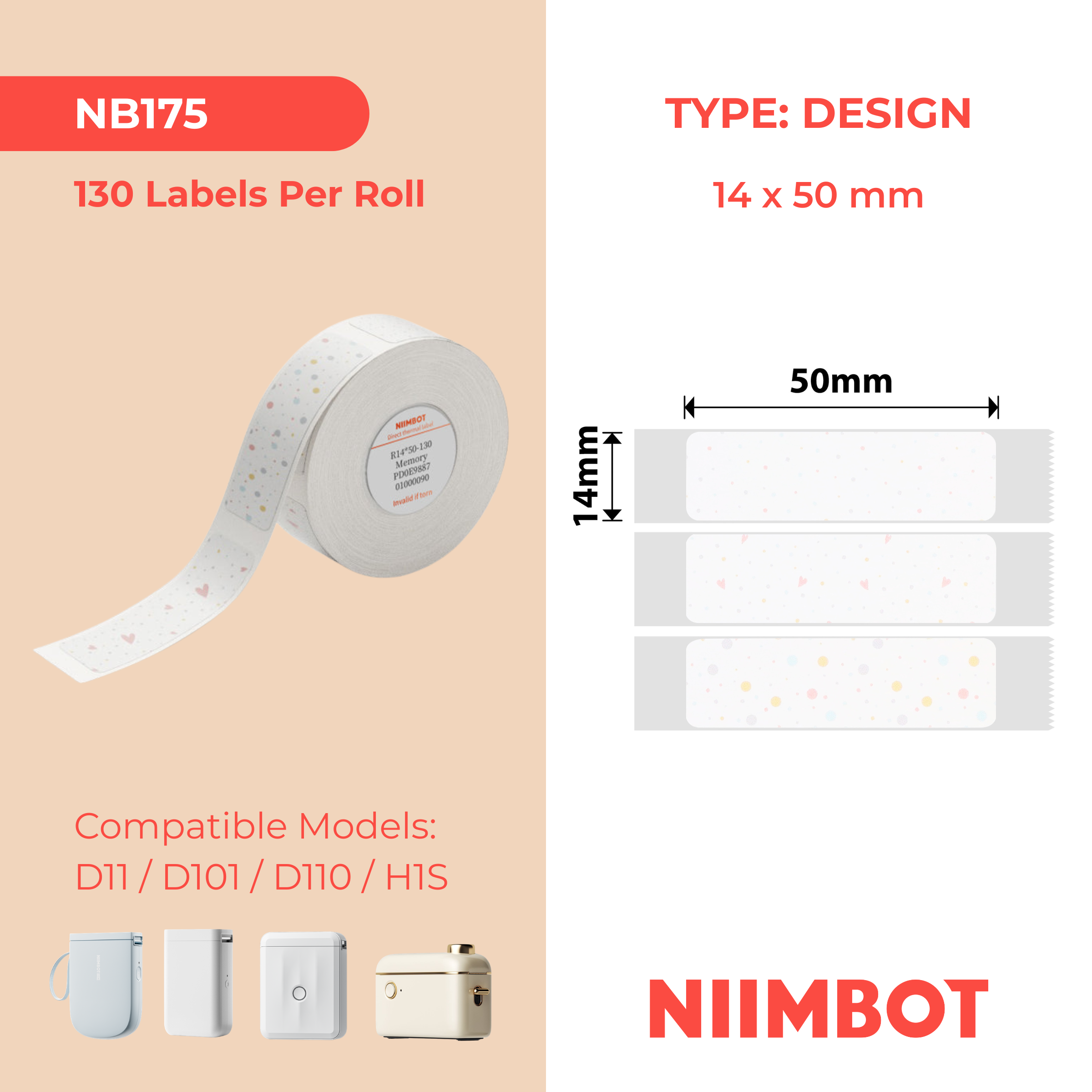 NB175 - Niimbot - D11 / D101 / D110 / H1S - 14x50mm - 125 Memory Recall Labels