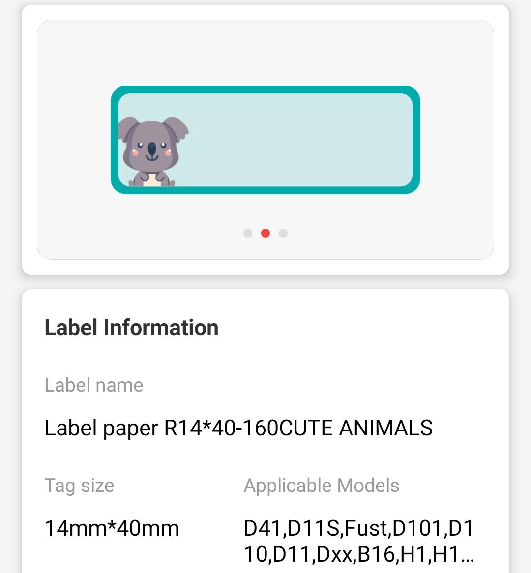 NB180 - NIIMBOT - D11 / D101 / D110 / H1S - 14X40MM - 155 CUTE ANIMALS LABELS