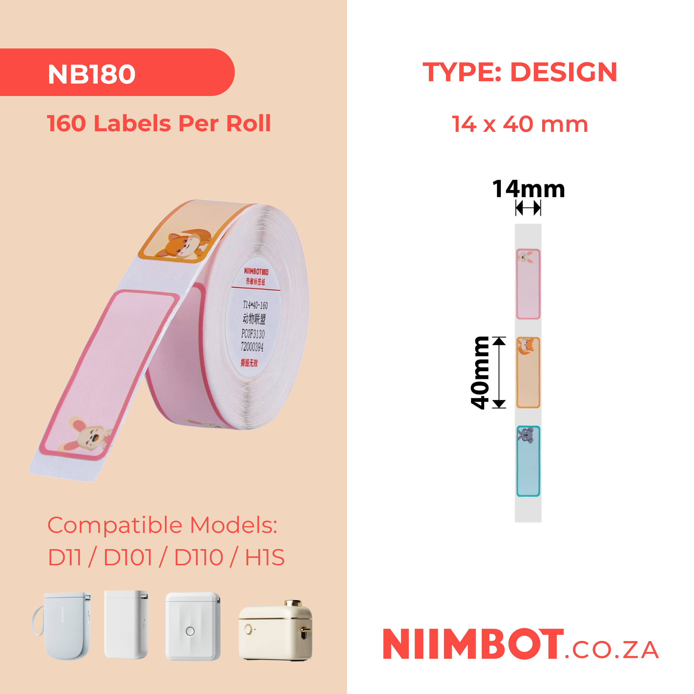 NB180 - NIIMBOT - D11 / D101 / D110 / H1S - 14X40MM - 160 LABELS PER ROLL- CUTE ANIMALS DESIGN