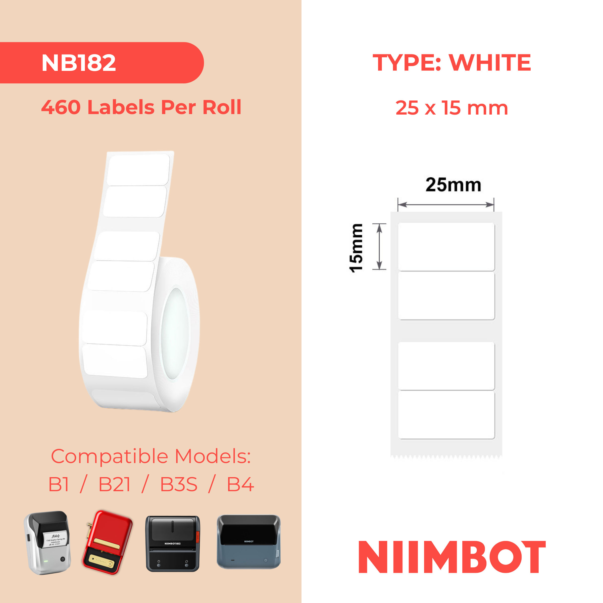 NB182 - Niimbot - B1 / B21 / B3S / B4 - 25x15mm/2R - 460 White Labels