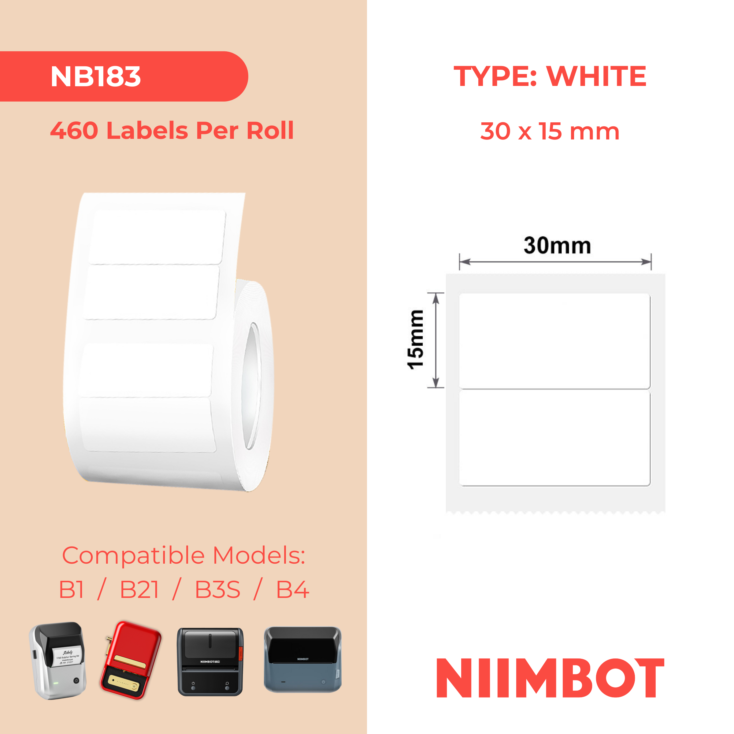 NB183 - Niimbot - B1 / B21 / B31 / B3S / B4 - 30x15mm/2R - 460 White Labels