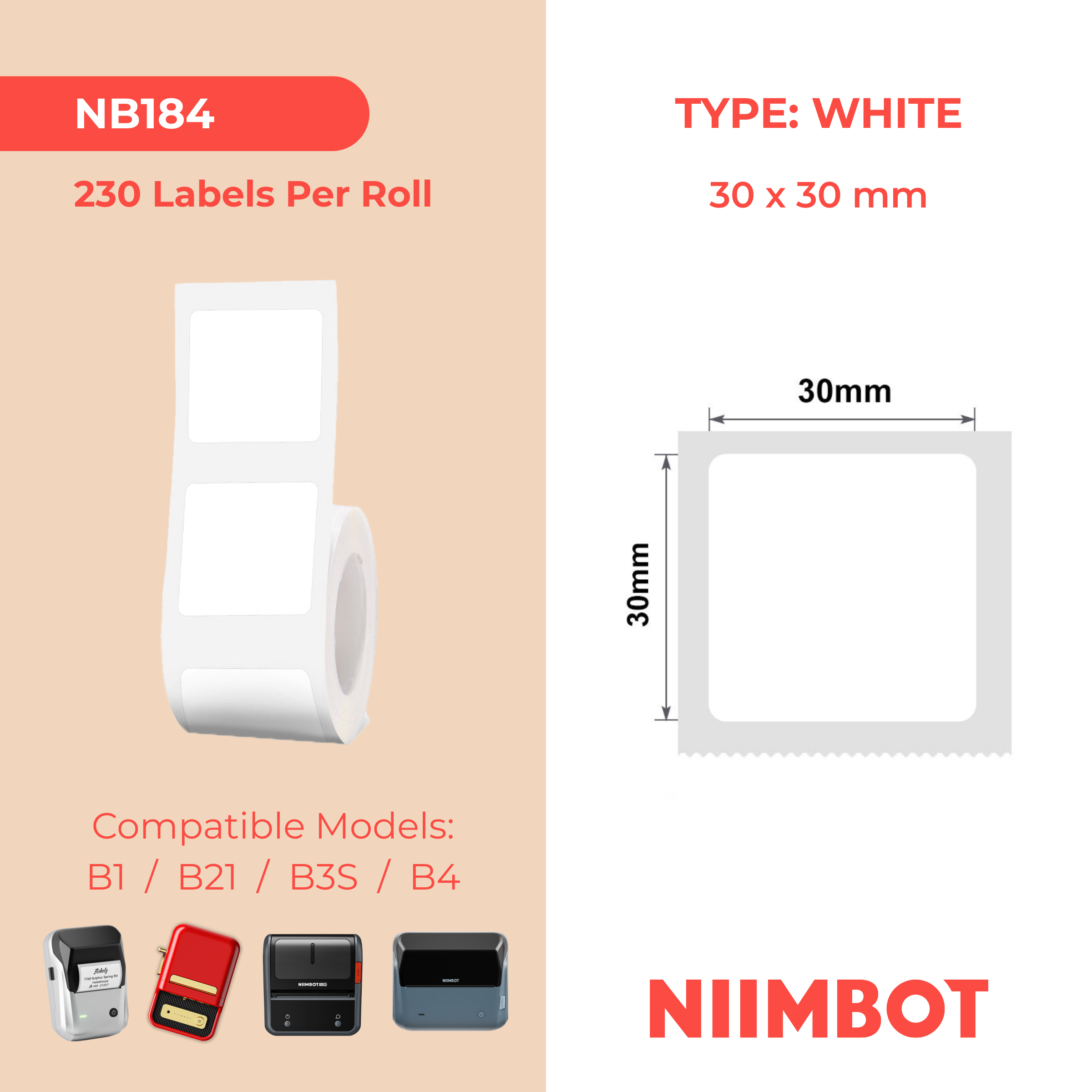 NB184 - Niimbot - B1 / B21 / B3S / B4 - 30x30mm - 230 White Labels
