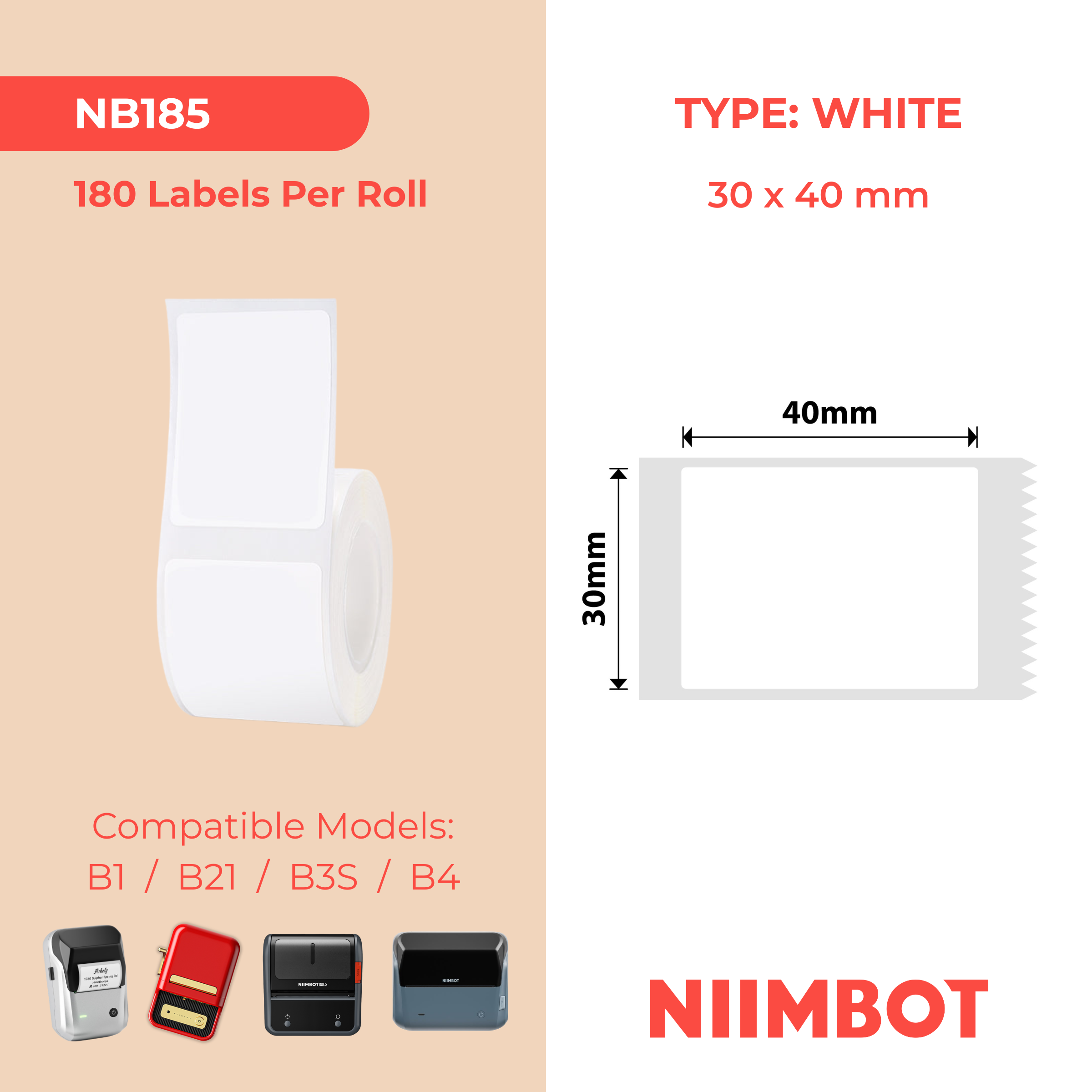 NB185 - Niimbot - B1 / B21 / B3S / B4 - 30x40mm - 180 White Labels