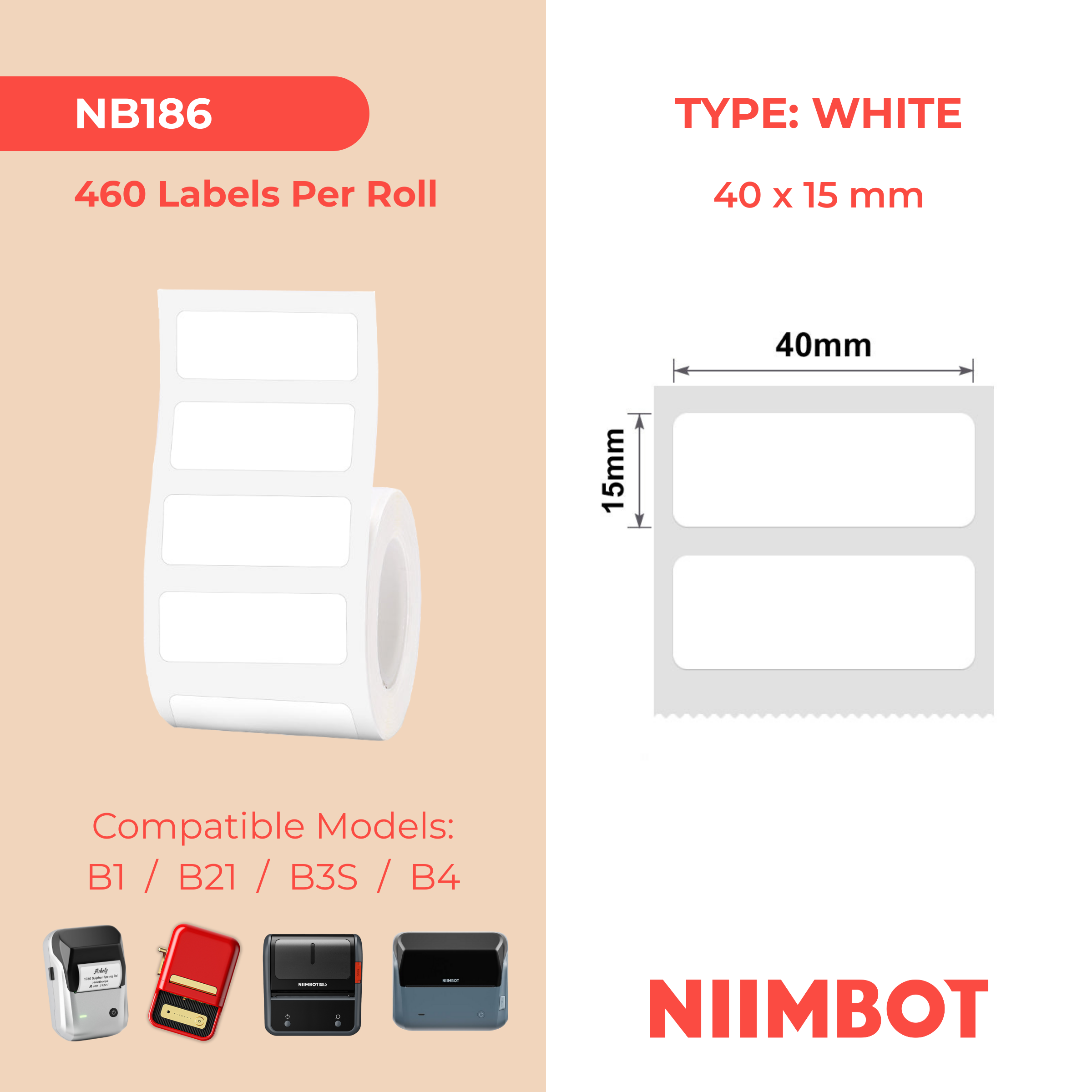 NB186 - Niimbot - B1 / B21 / B3S / B4 - 40x15mm/2 Rows - 460 White Labels