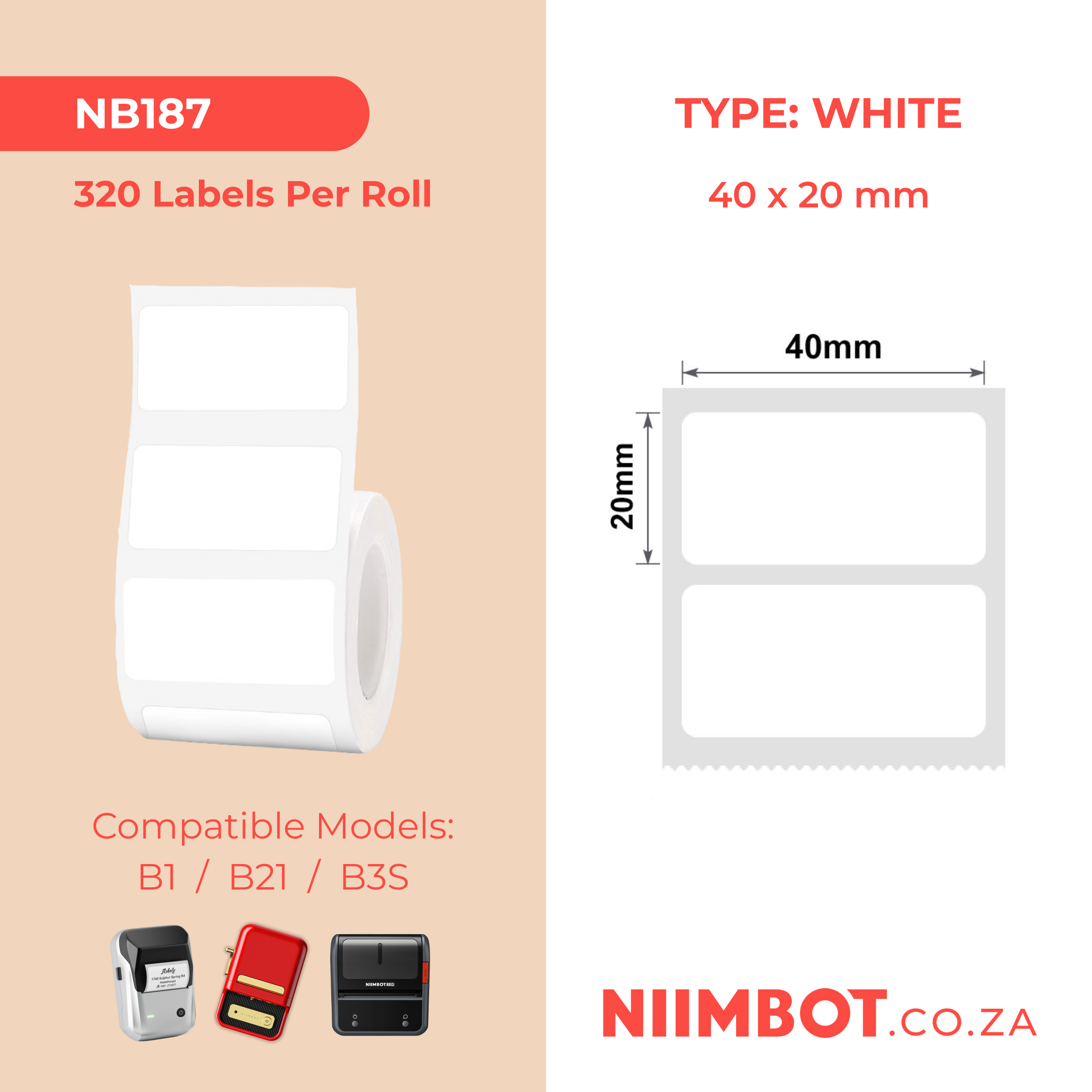 NB187 - NIIMBOT - B1 / B21 / B3S / B4 - 40X20MM - 320 LABELS PER ROLL - WHITE