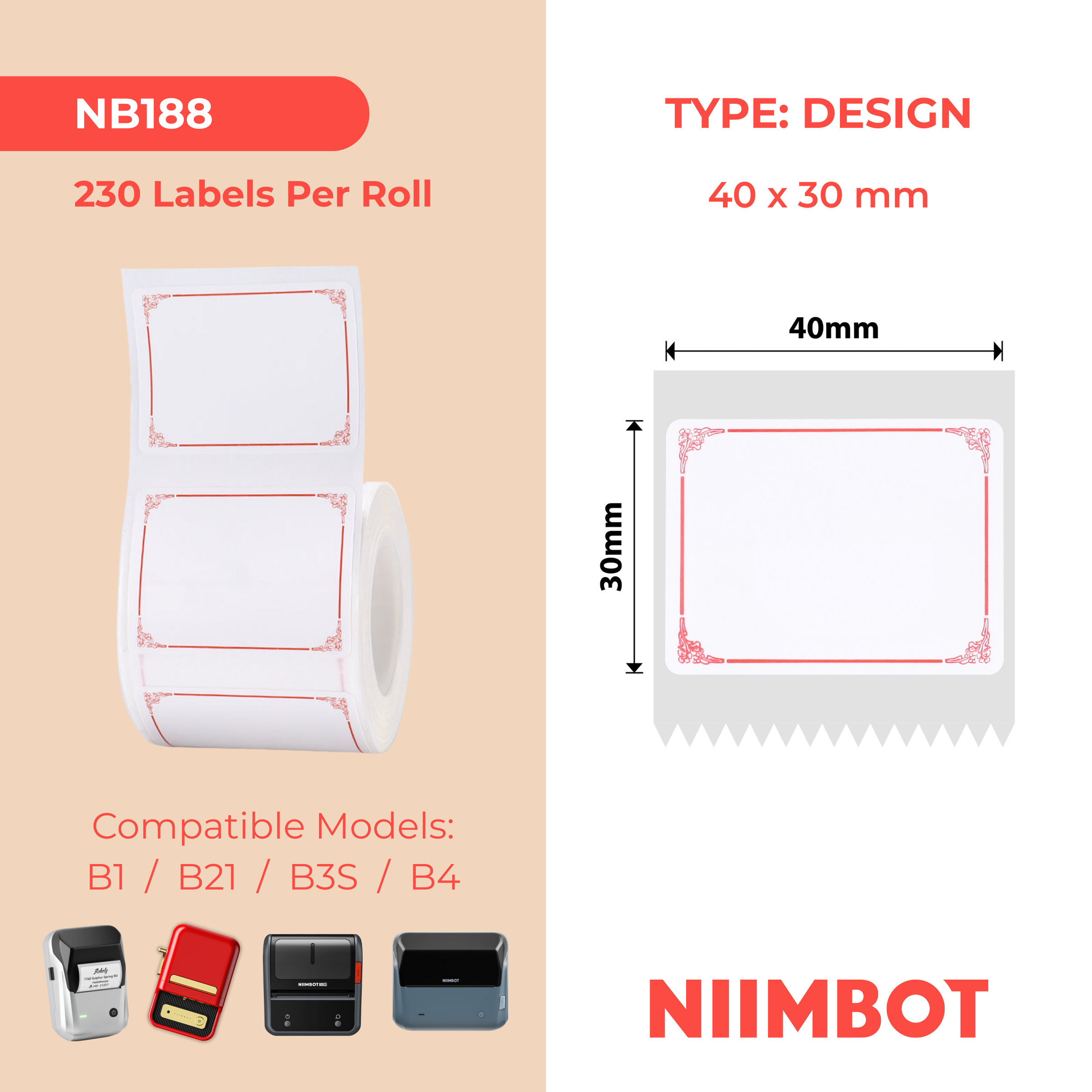 NB188 - Niimbot - B1 / B21 / B31 / B3S / B4 - 40x30mm - 230 Red Border Labels