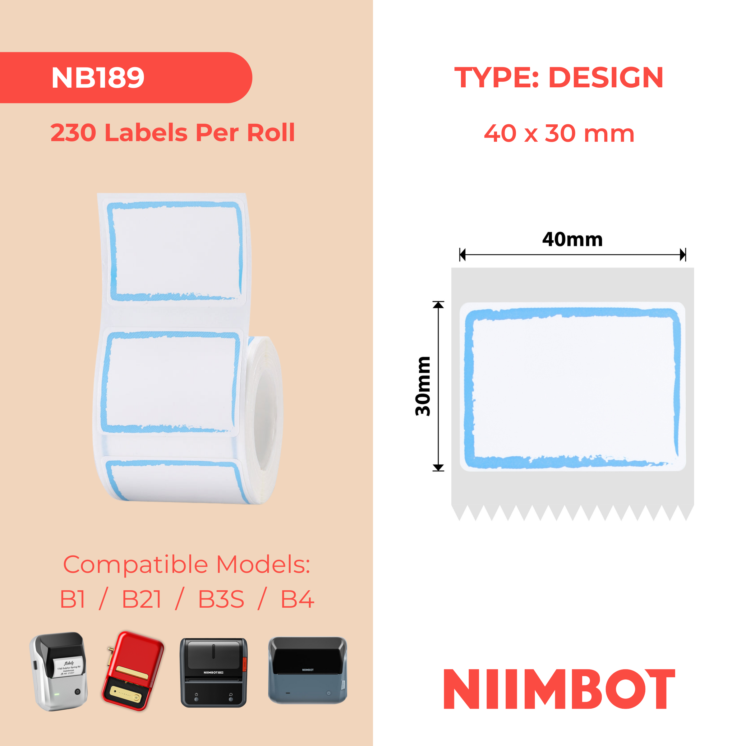 NB189 - Niimbot - B1 / B21 / B3S / B4 - 40x30mm - 230 Blue Border Labels