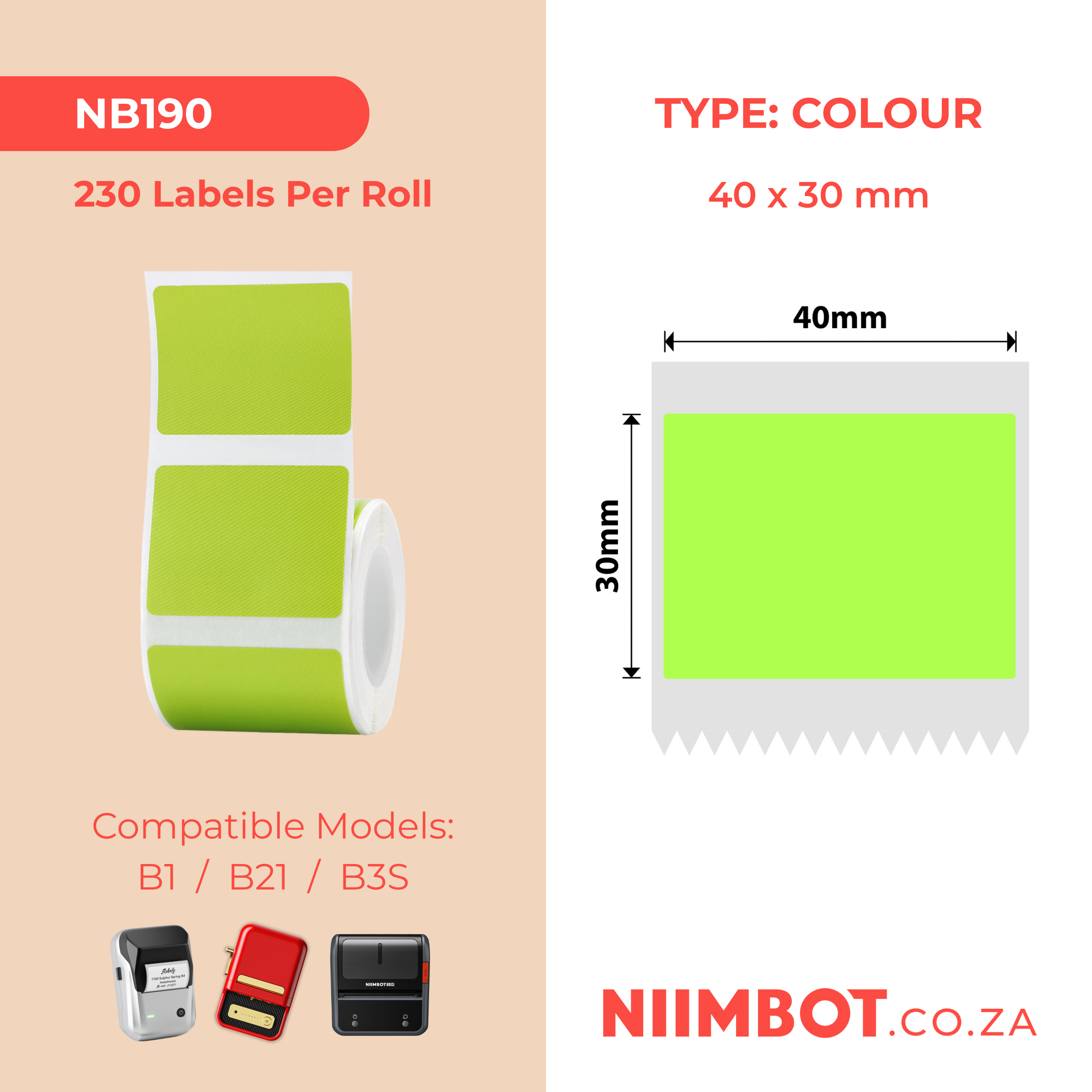 NB190 - NIIMBOT - B1 / B21 / B3S / B4 - 40X30MM - 230 LABELS PER ROLL - SOLID - GREEN