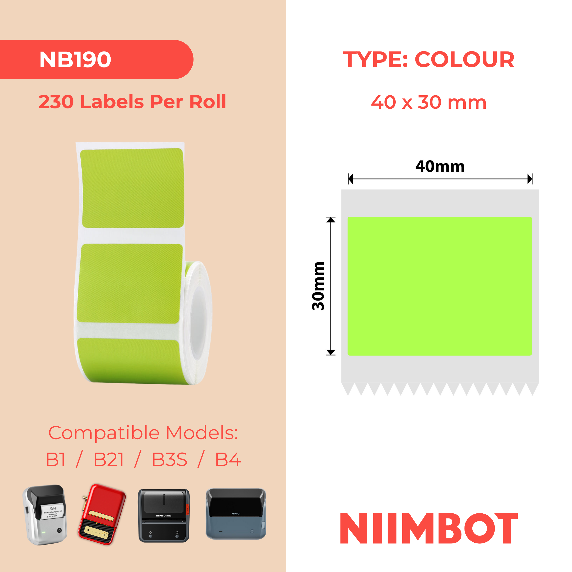 NB190 - Niimbot - B1 / B21 / B3S / B4 - 40x30mm - 230 Green Labels