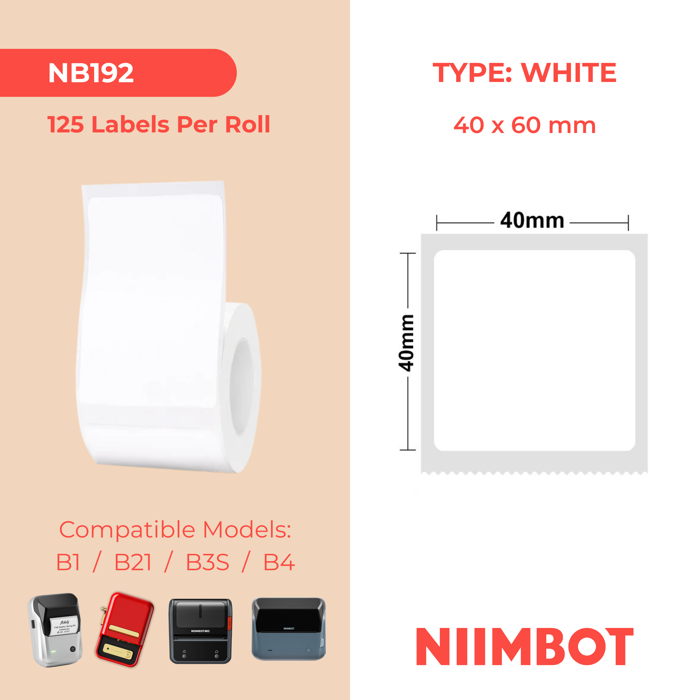NB192 - Niimbot - B1 / B21 / B31 / B3S / B4 - 40x60mm - 125 White Labels