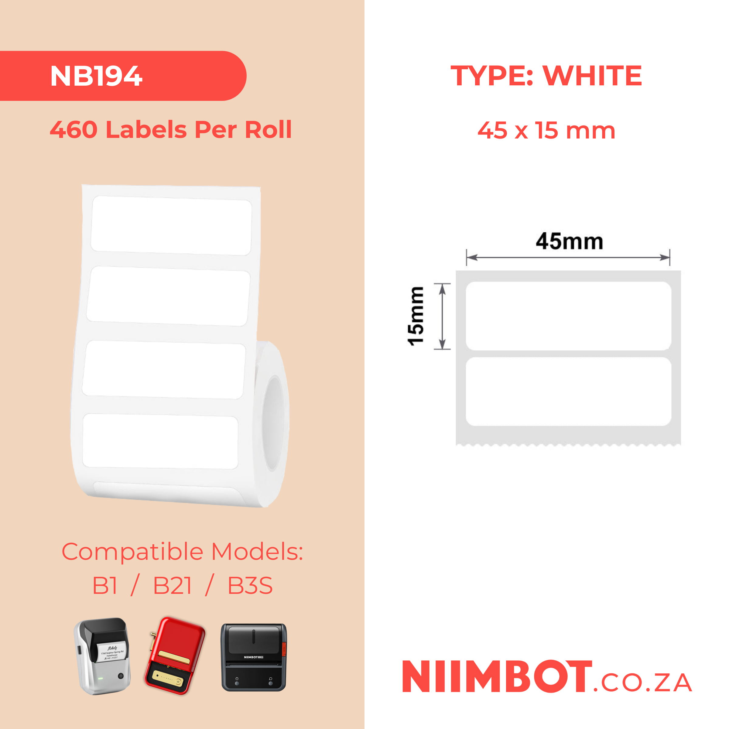NB194 - NIIMBOT - B1 / B21 / B3S / B4 - T45X15MM/2R - 460 LABELS PER ROLL - WHITE