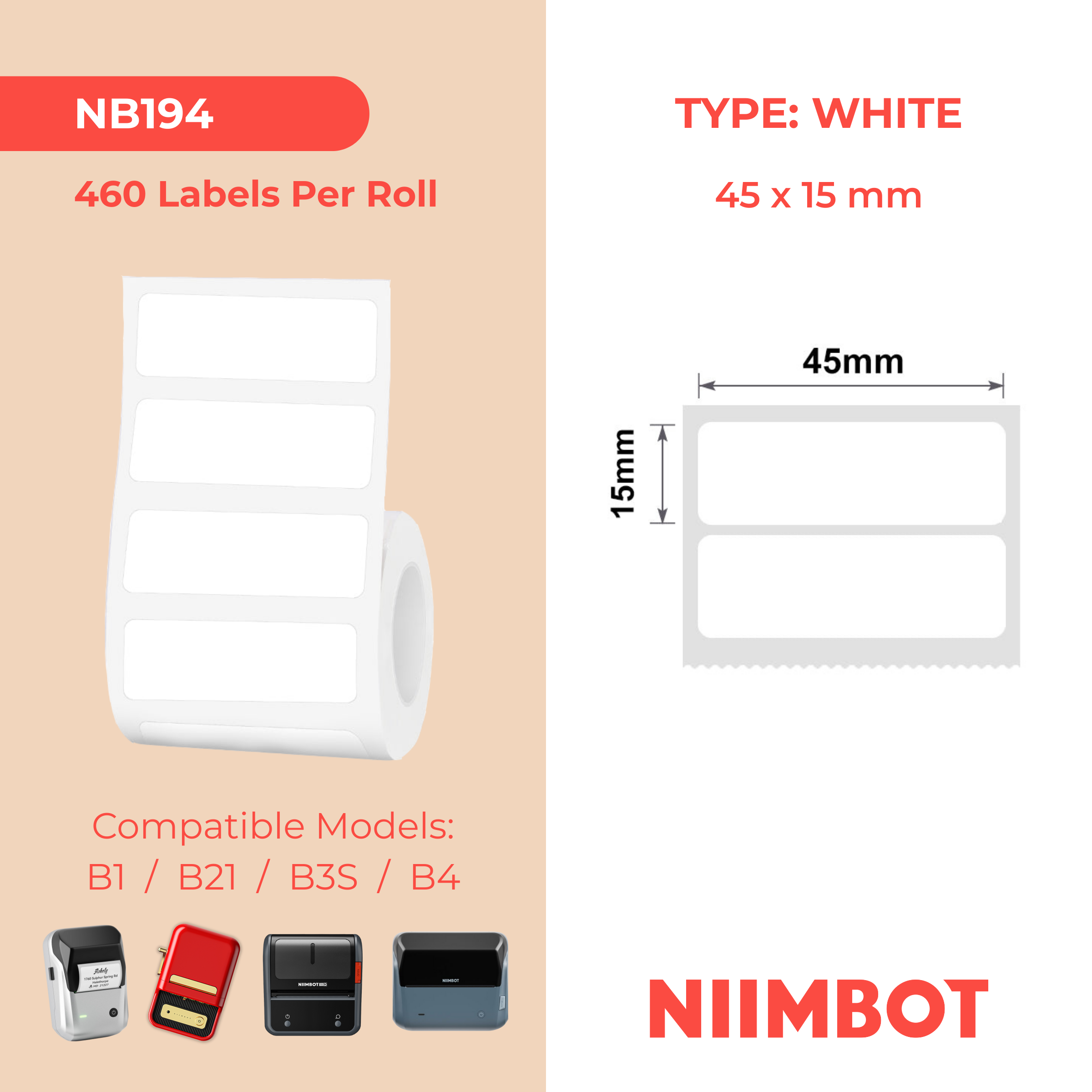 NB194 - Niimbot - B1 / B21 / B31 / B3S / B4 - 45x15mm/2R - 460 White Labels