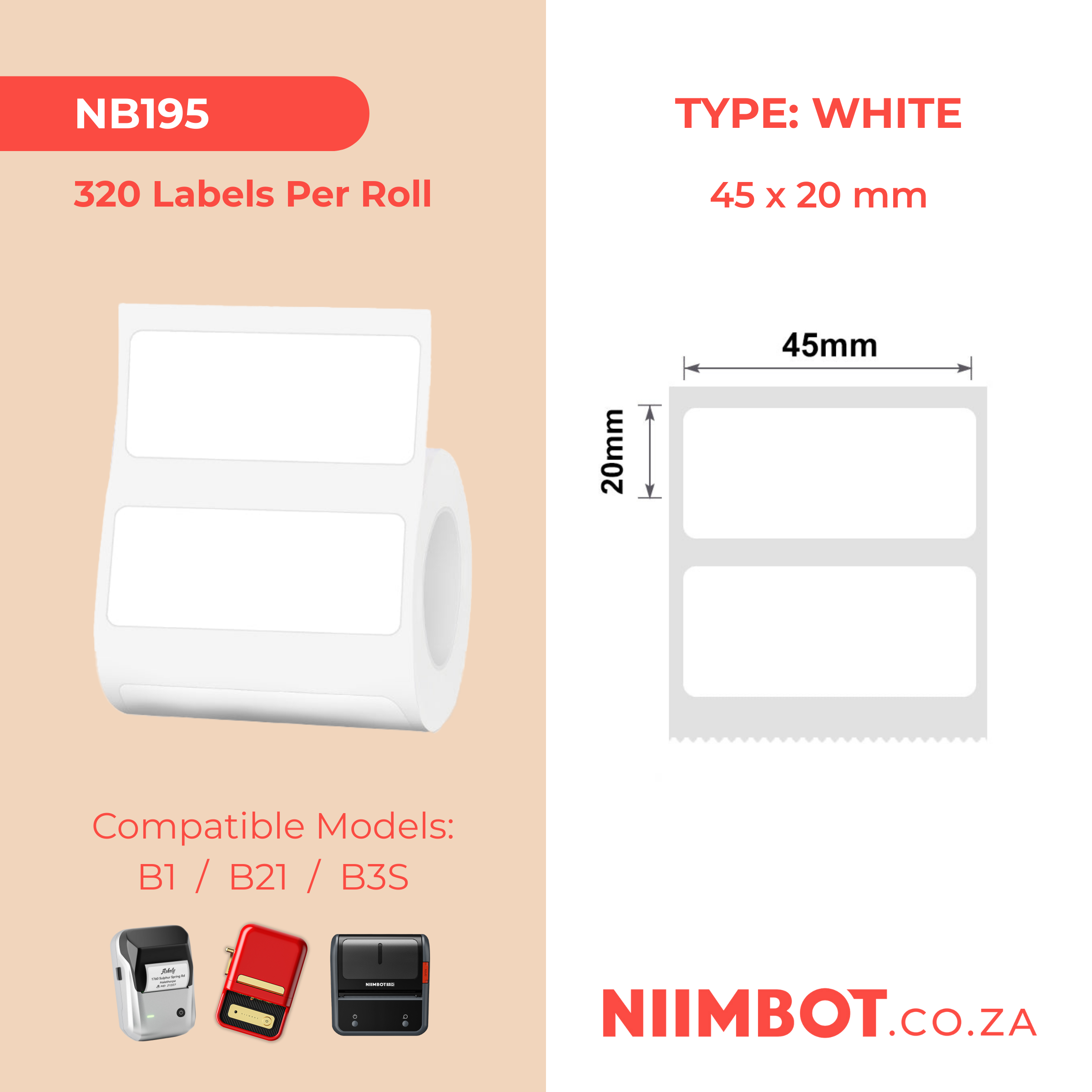 NB195 - NIIMBOT - B1 / B21 / B3S / B4 - 45X20MM - 320 LABELS PER ROLL - WHITE