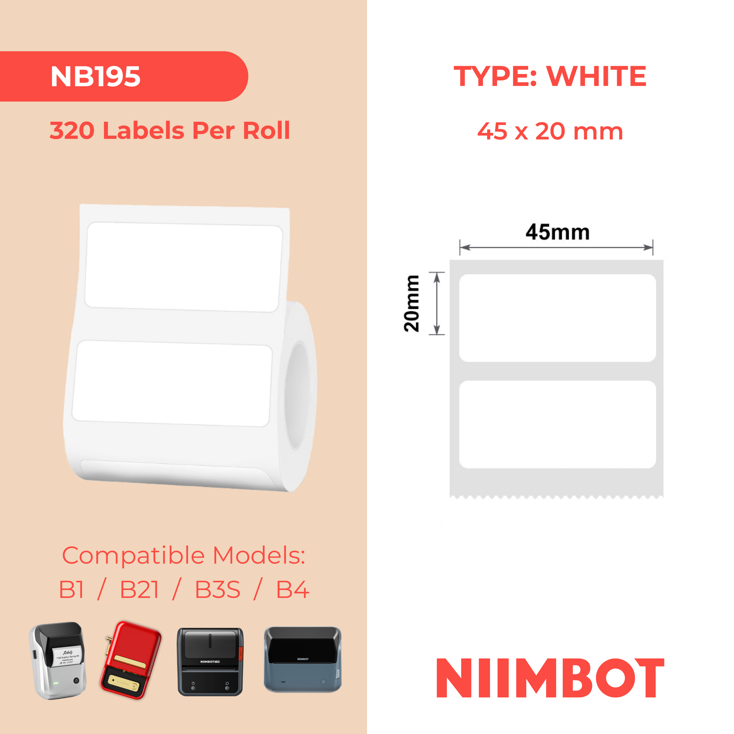 NB195 - Niimbot - B1 / B21 / B3S / B4 - 45x20mm - 320 White Labels