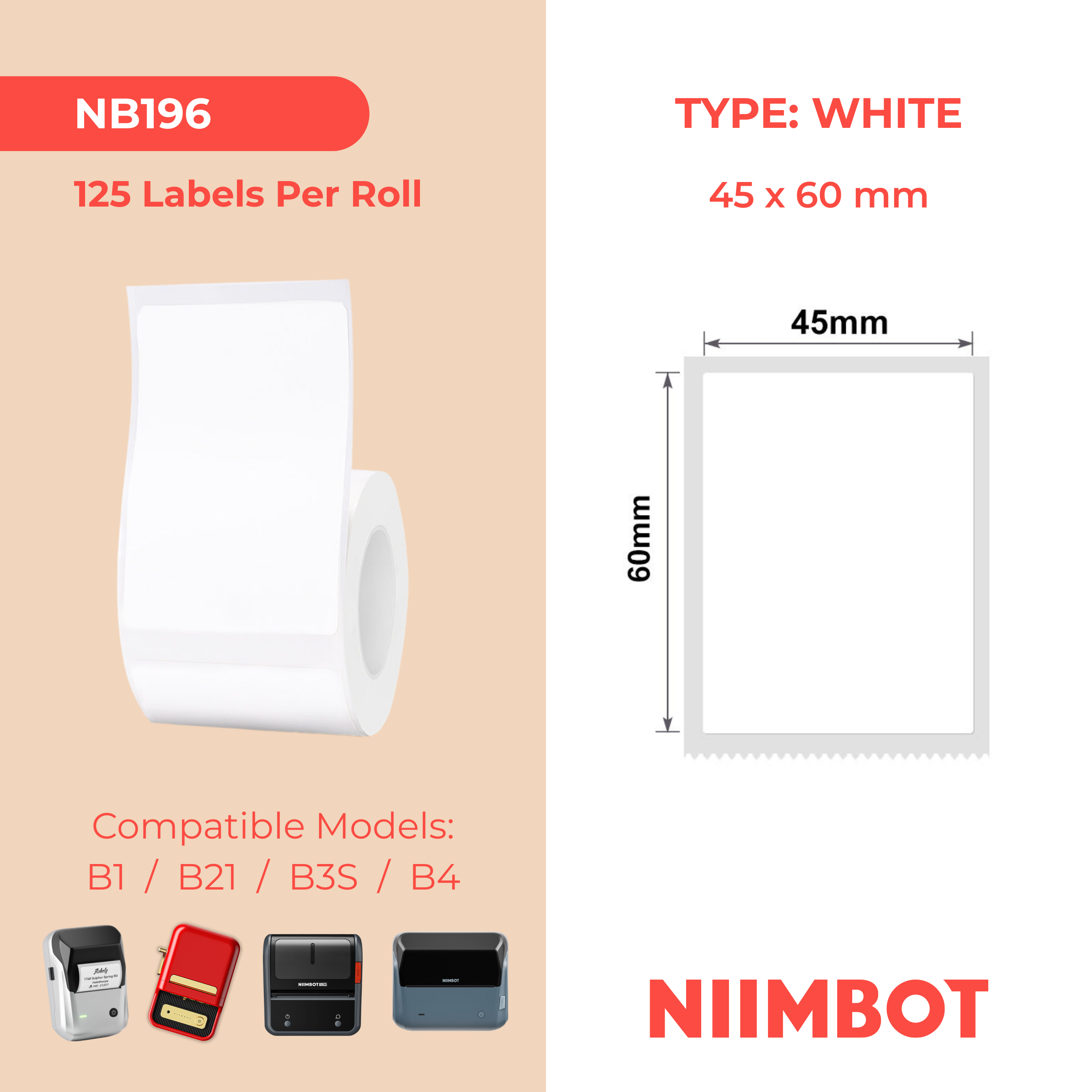 NB196 - Niimbot - B1 / B21 / B3S / B4 - 45x60mm - 125 White Labels