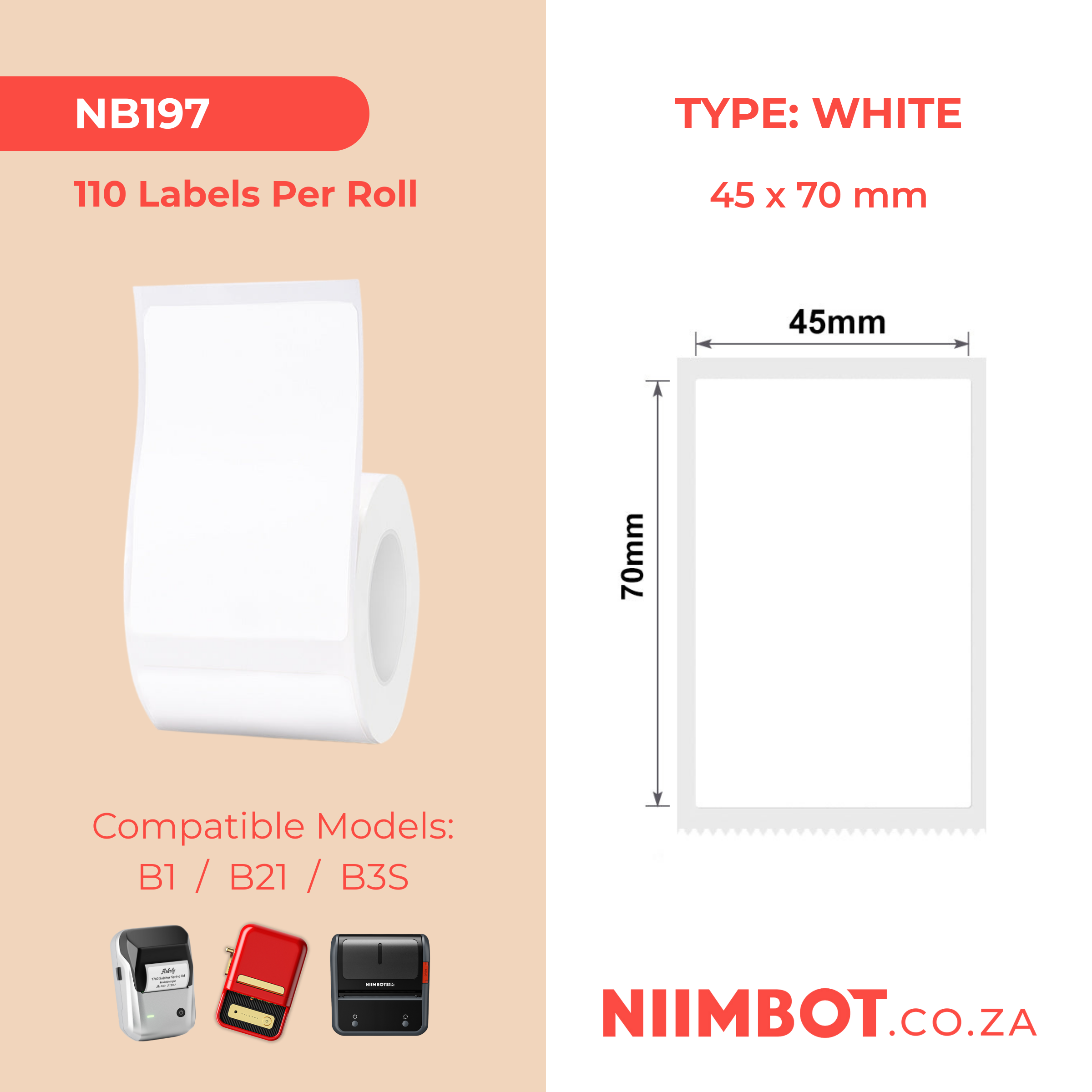 NB197 - NIIMBOT - B1 / B21 / B3S / B4 - 45X70MM - 110 LABELS PER ROLL - WHITE