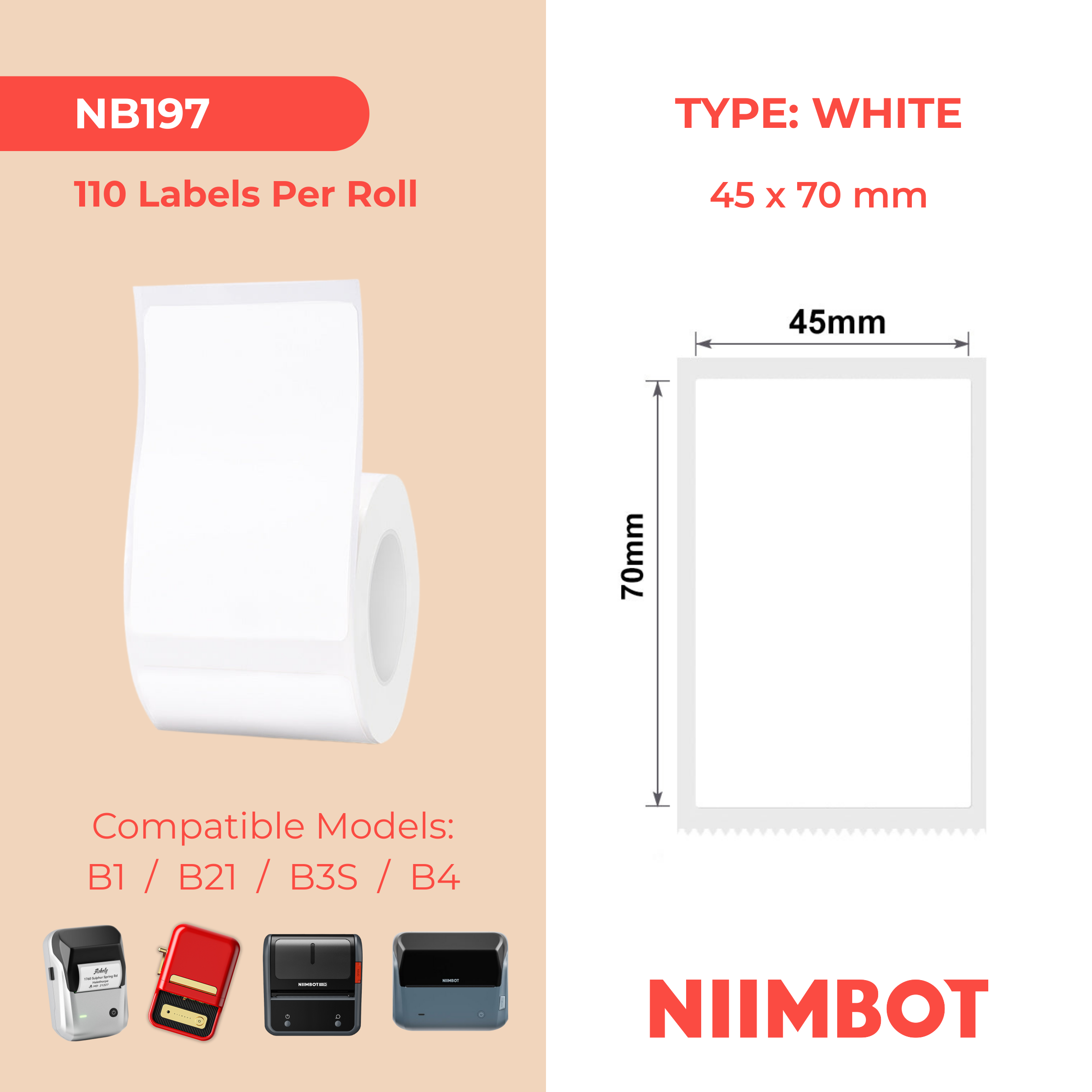 NB197 - Niimbot - B1 / B21 / B3S / B4 - 45x70mm - 110 White Labels